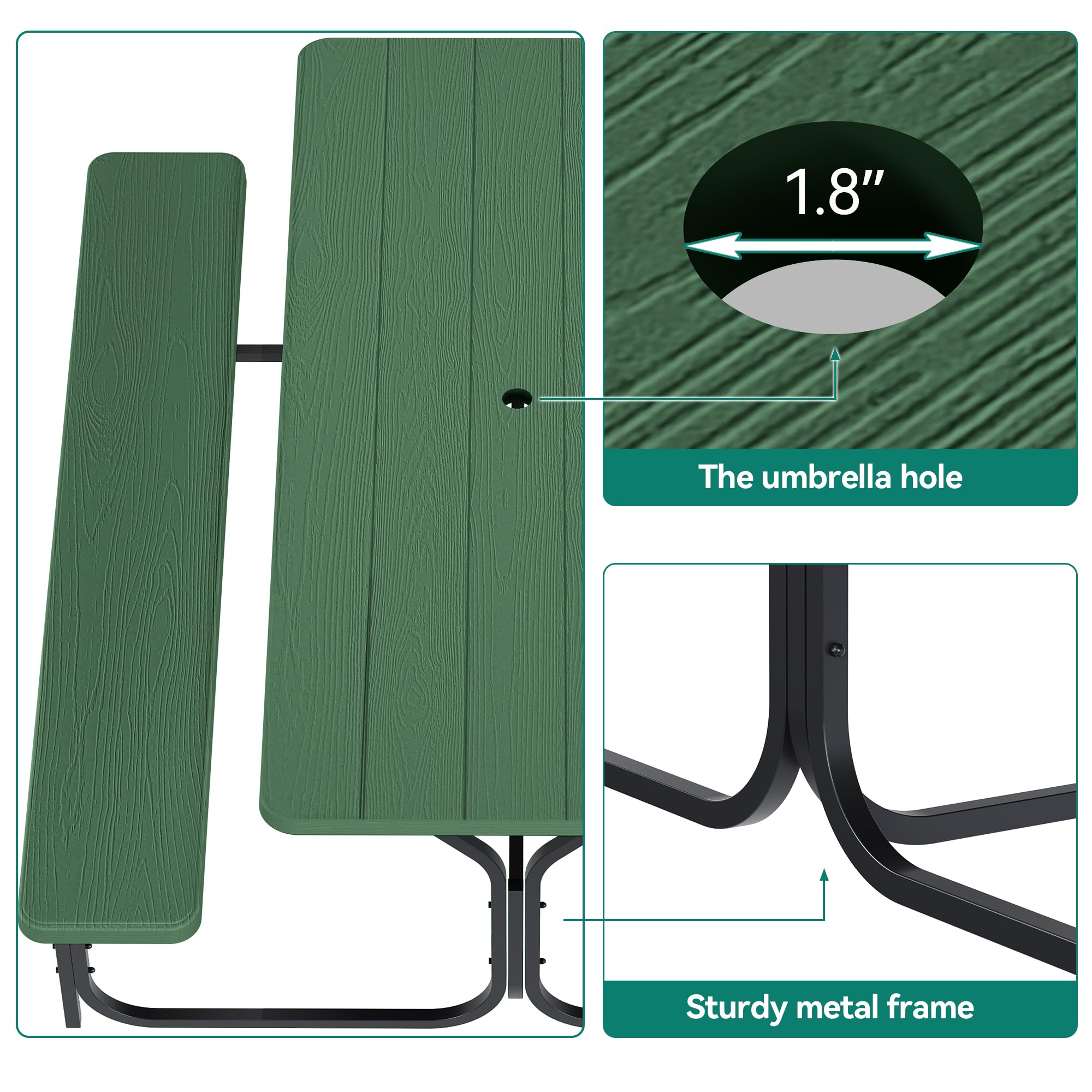 Yitahome 6Ft Outdoor Picnic Table With Wood-Like Tabletop, Sturdy Steel Frame And Umbrella Opening, Heavy Duty Picnic Table Ideal For Yard, Patio, Lawn Gatherings, Green