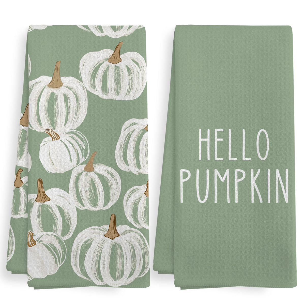 XNXLDYLH Fall Hello Pumpkin Farmhouse Kitchen Towels and Dishcloths Sets of 2, Sage Green Fall Pumpkin Decor Dish Hand Tea Towel