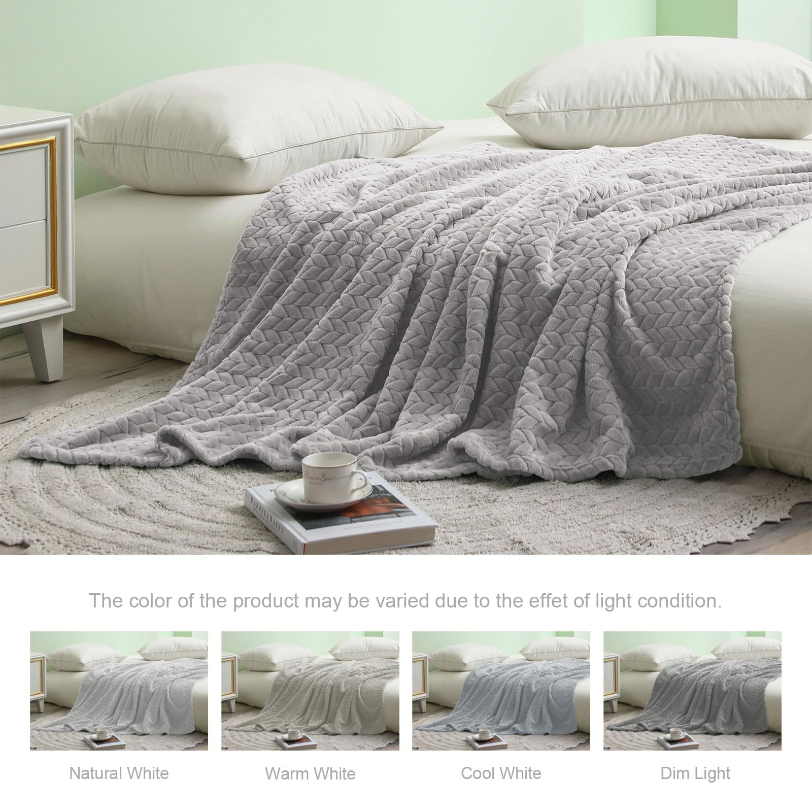 Exclusivo Mezcla Light Grey Fleece Queen Size Blanket For Bed, 90X90 Inches Soft Cozy 3D Decorative Jacquard Flannel Blankets, L
