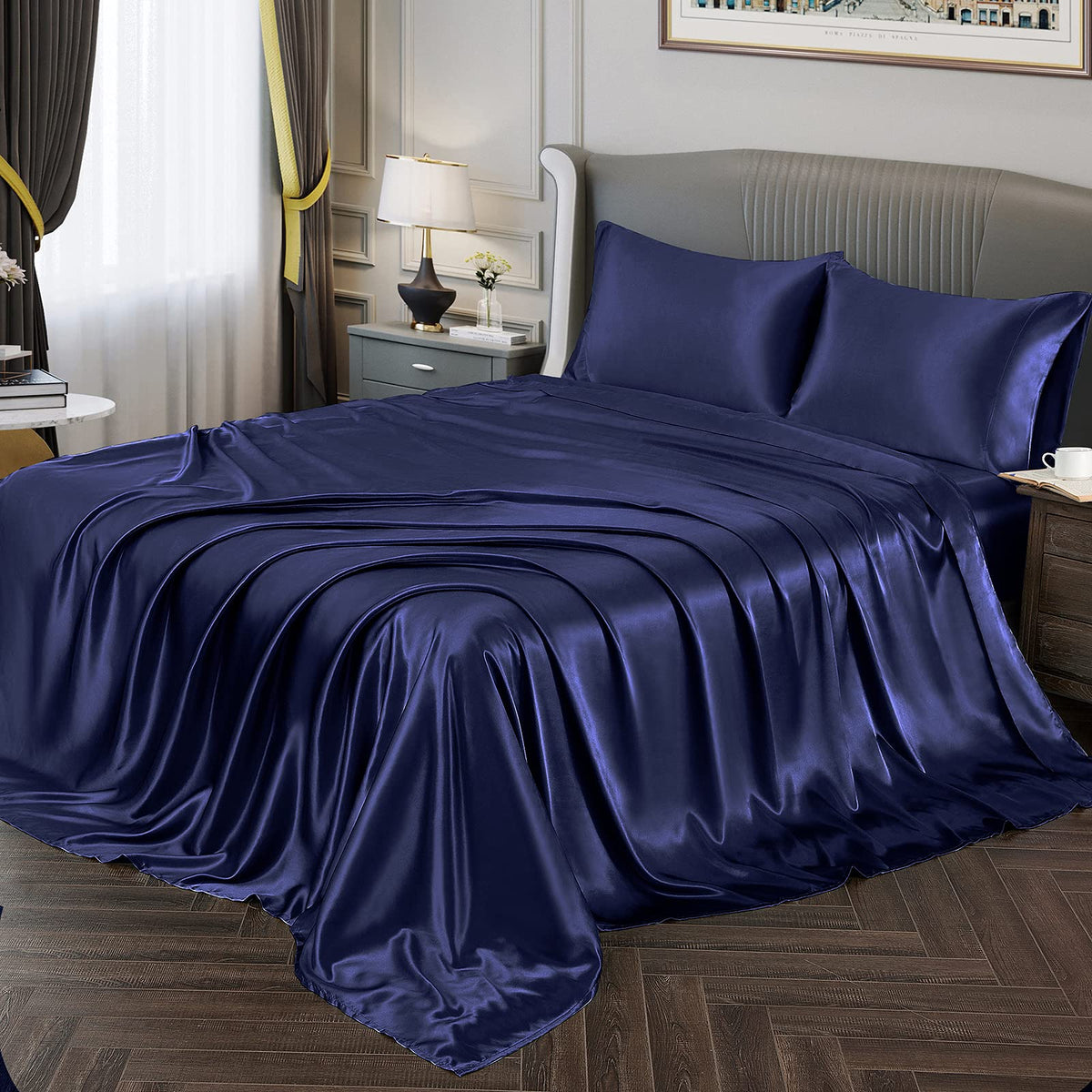 Vonty Satin Sheets King Size Silky Soft Satin Bed Sheets Navy Blue Satin Sheet Set, 1 Deep Pocket Fitted Sheet + 1 Flat Sheet +
