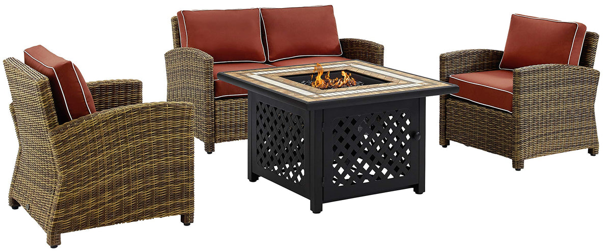 Crosley Furniture Bradenton 4-Piece Wicker Outdoor Loveseat Patio Furniture Set with Gas Fire Pit Table, Brown with Sangria Cushions