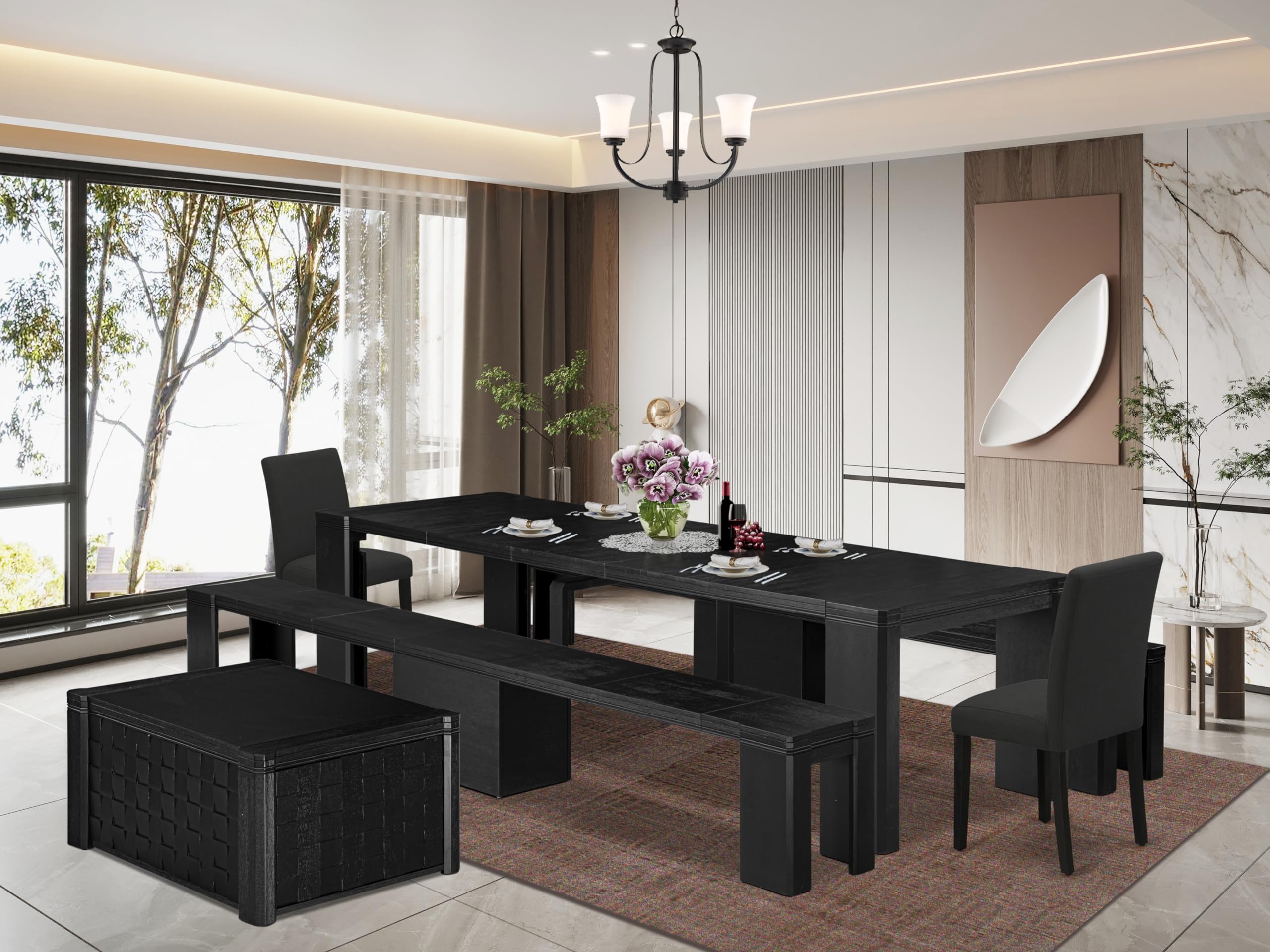 Luxe by East West Furniture - X02AB-2C6-24 - 5-piece Dining Table Set a Kitchen Table with a coffee Table and 2 wooden Benches and 2 Black Linen Fabric Dining Chair, 39x120 Inch, Wire Brushed Black