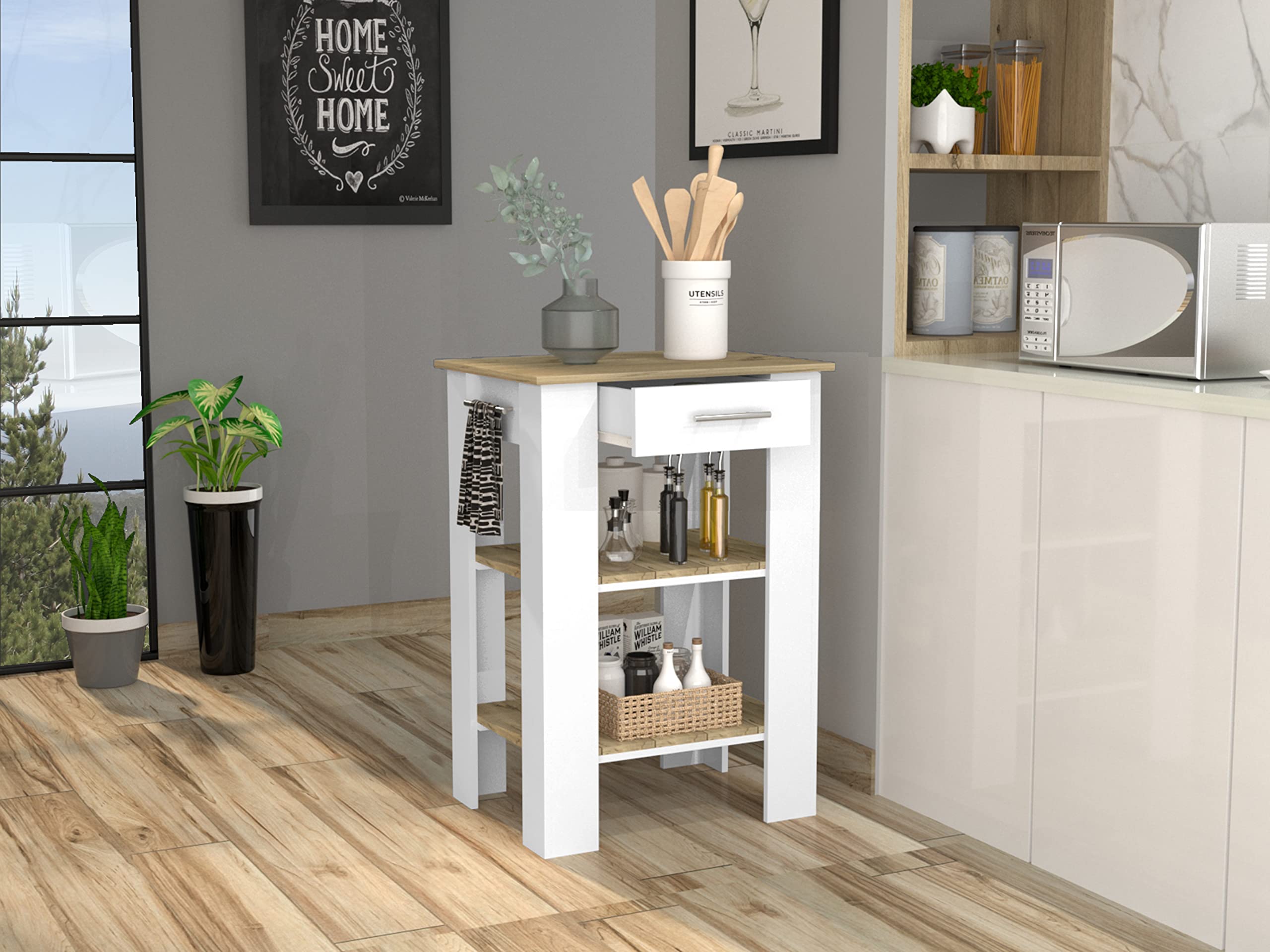 Fm Furniture Brooklyn 23 Kitchen Island With 2 Shelves And 1 Drawer, White/Light Oak