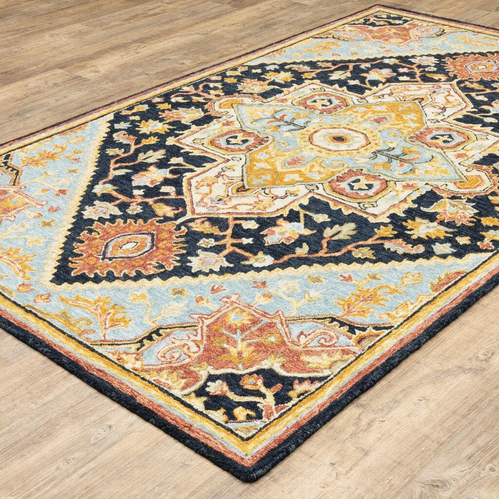 HomeRoots 508118 8 x 10 ft. Navy Rust Blue Ivory & Gold Oriental Hand Tufted Handmade Stain Resistant Rectangle Area Rug