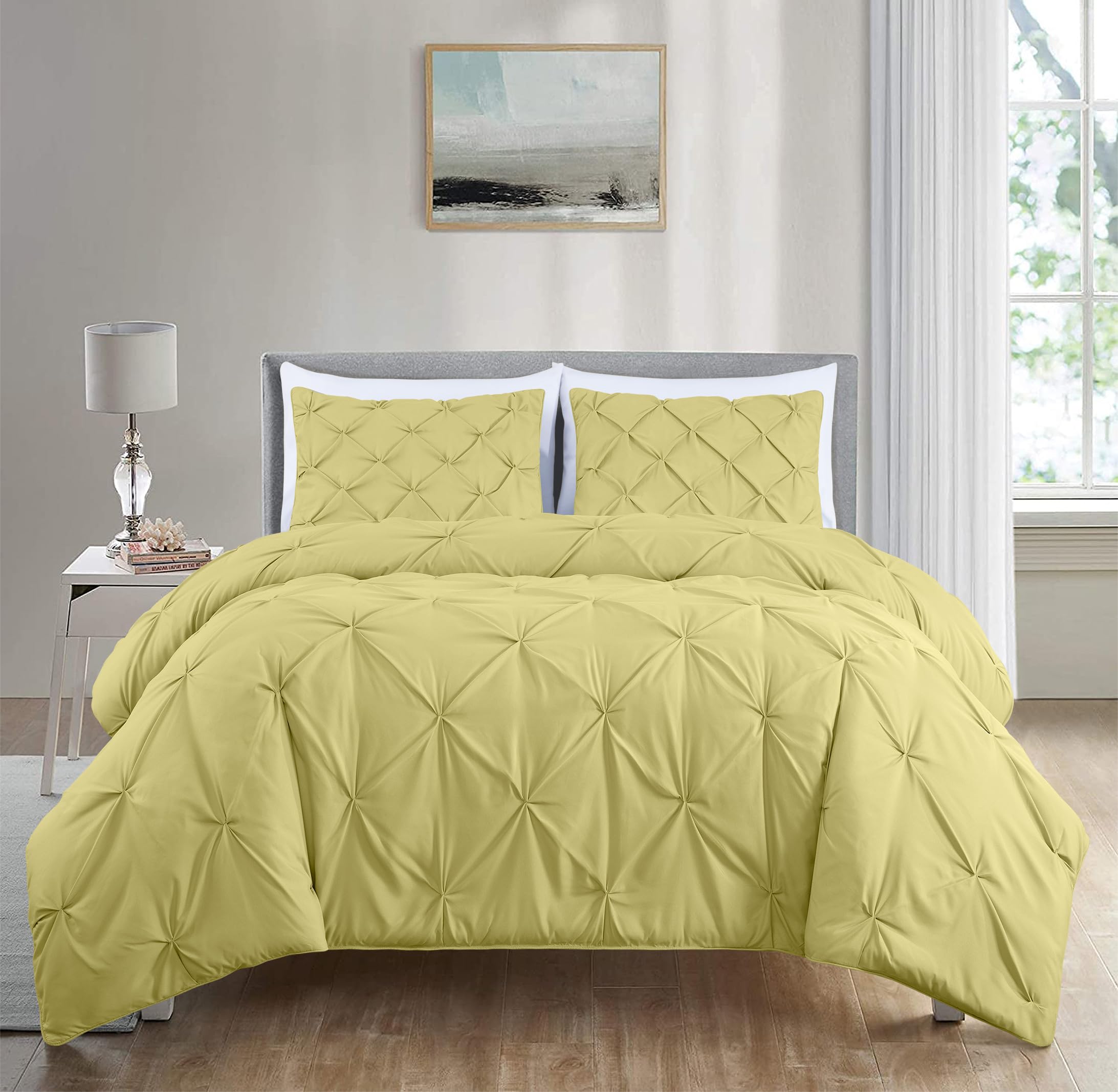 Chezmoi Collection Berlin Yellow Pinch Pleat Queen Comforter Set, 3-Piece (Comforter And Pillow Shams) - Soft Pintuck, Lightweig