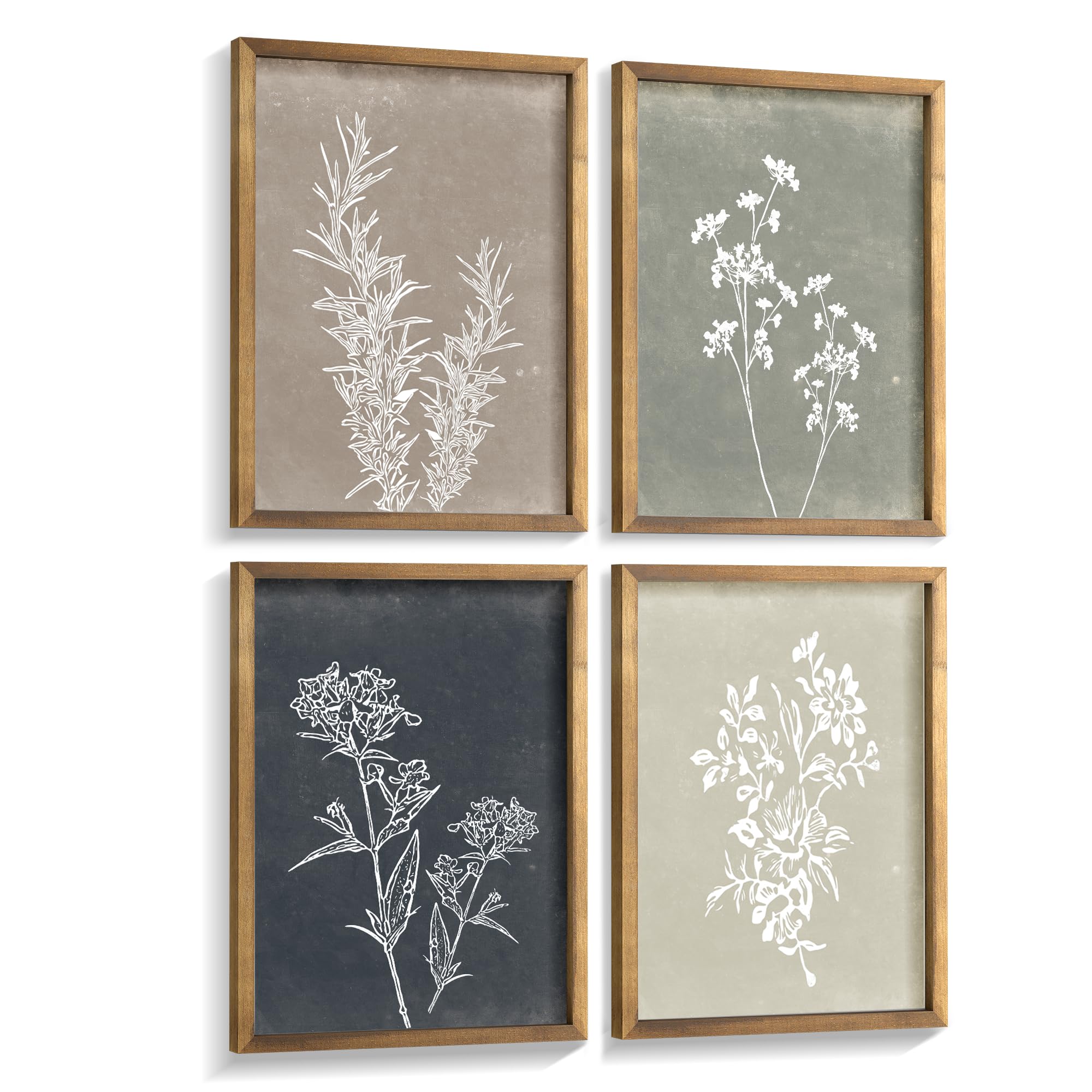 Framed Boho Wall Art Set of 4 for Wooded Minimalist Botanical Print Wall Art for Rustic Vintage Farmhouse Home Kitchen Wall Deco