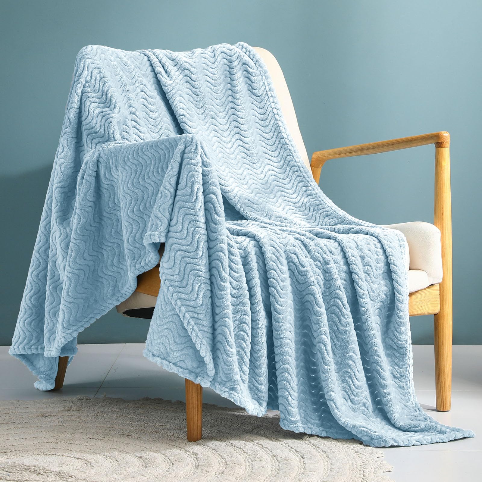 Exclusivo Mezcla Light Blue Fleece Throw Blanket For Couch Bed, Super Soft Cozy Blankets With Decorative Wave Textured, Lightwei