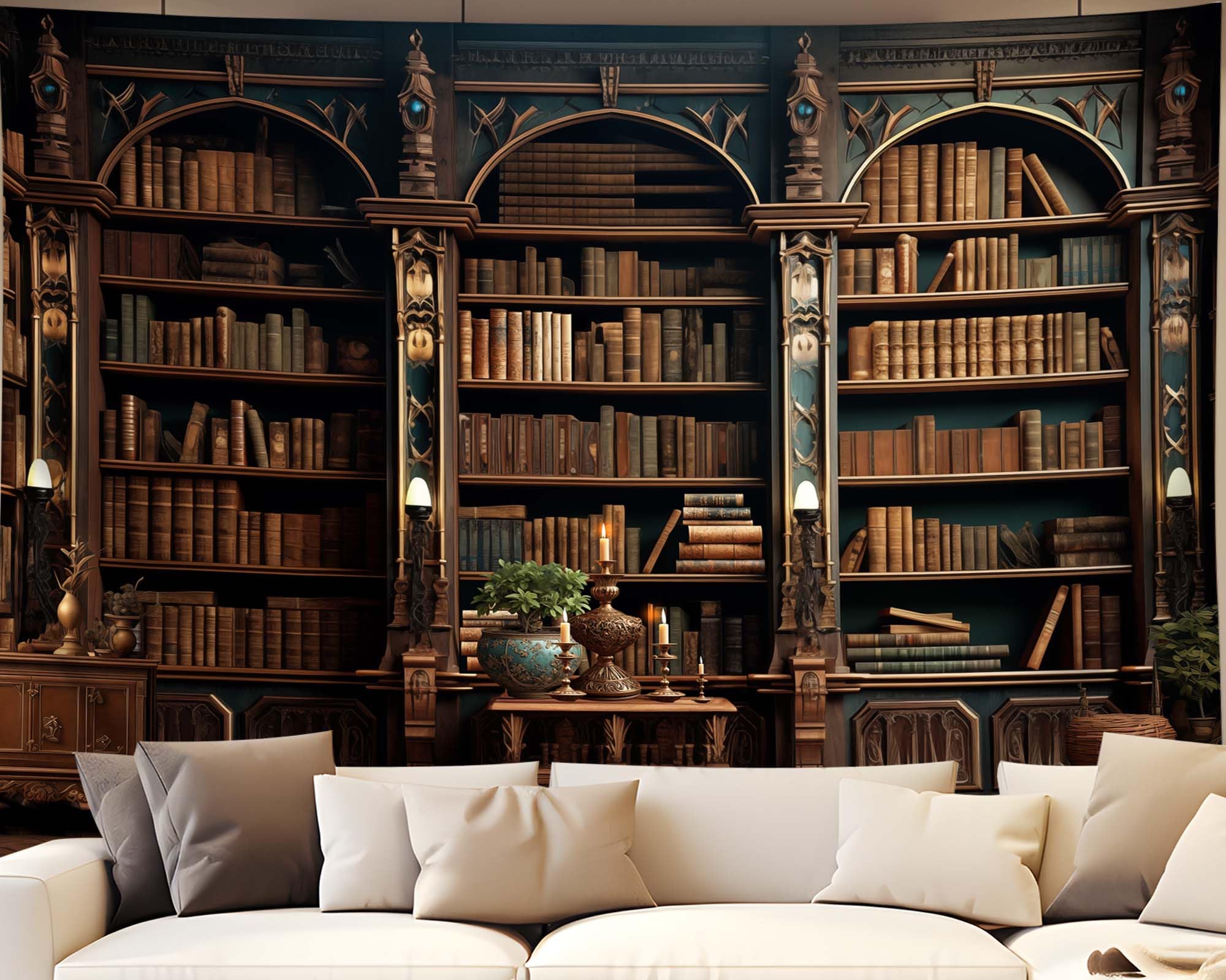 Qghot Medieval Tapestry Vintage Bookshelf Tapestry Wall Hanging Library Backdrop Bookcase Books Room Wall Covering Victorian Wal