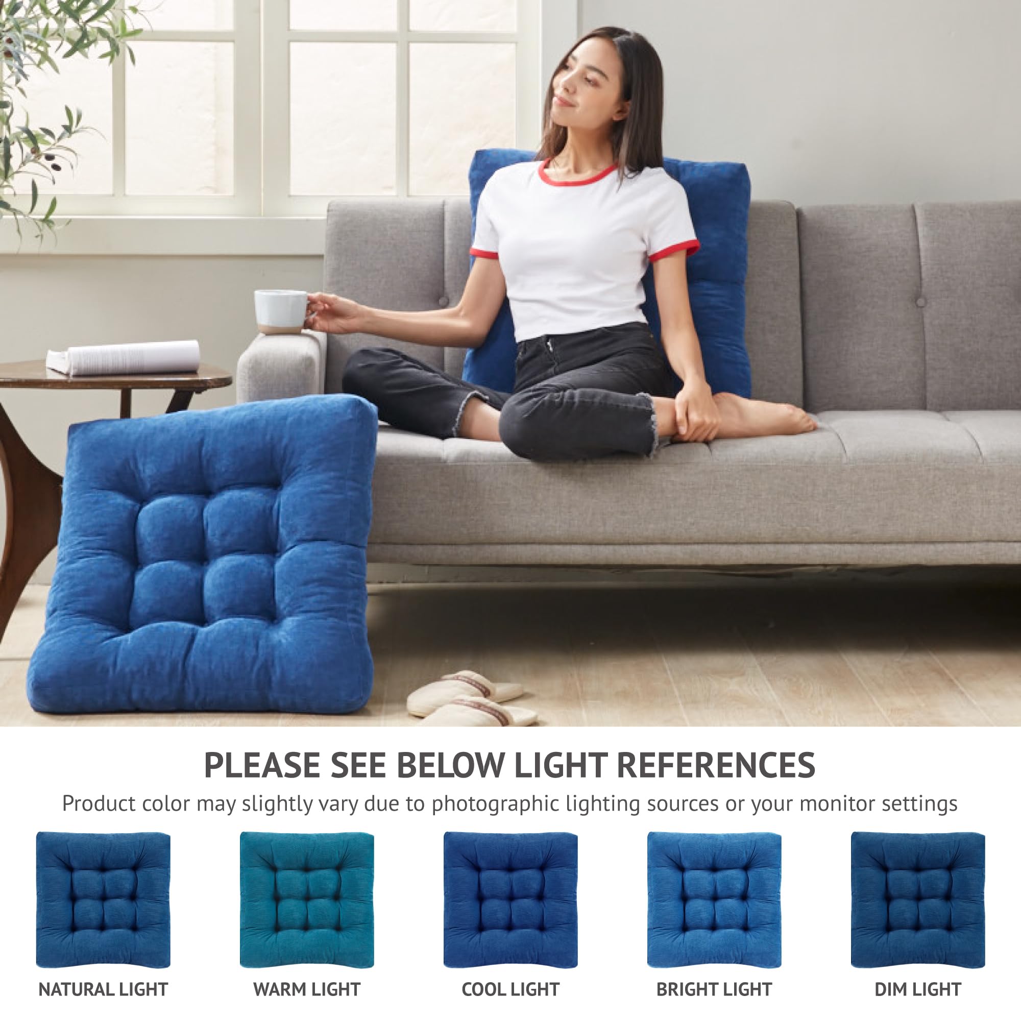 Degrees Of Comfort Meditation Floor Pillow Set Of 2, Square Large Pillows Seating For Adults, Tufted Corduroy Cushions For Living Room Tatami, Memory Foam Added, Navy Blue, 22X22 Inch