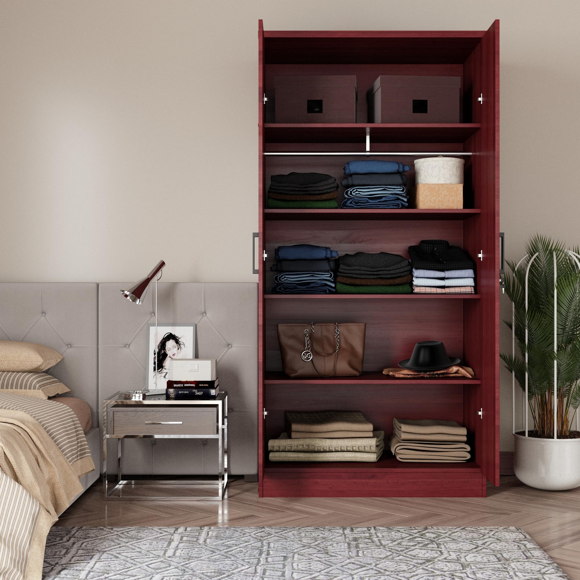 Woodpeckers Furniture And Mattress 2 Doors Wardrobe with Shelves (Mahogany)