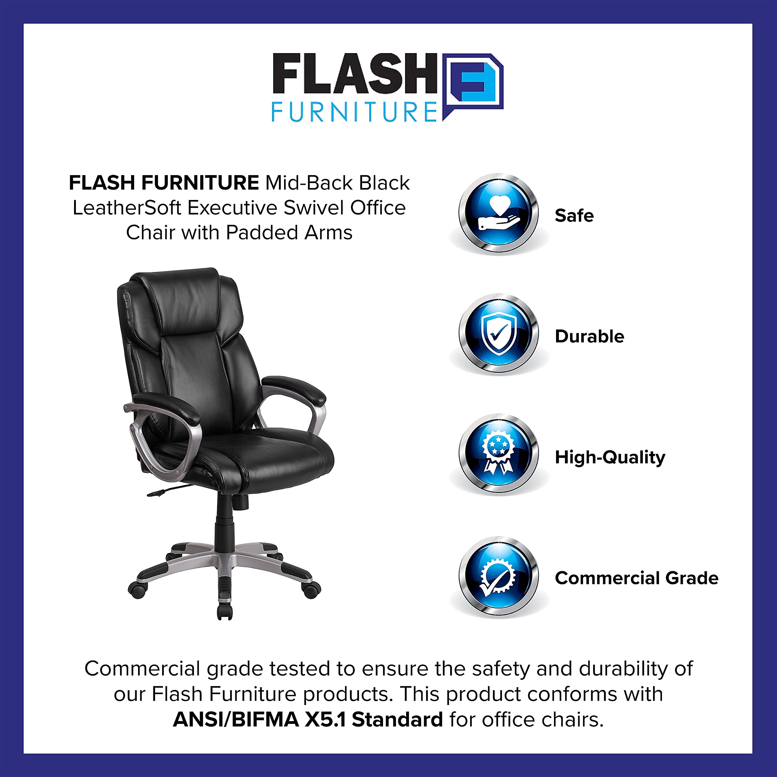 Flash Furniture Carolyn Mid-Back Black Leathersoft Executive Swivel Office Chair With Padded Arms