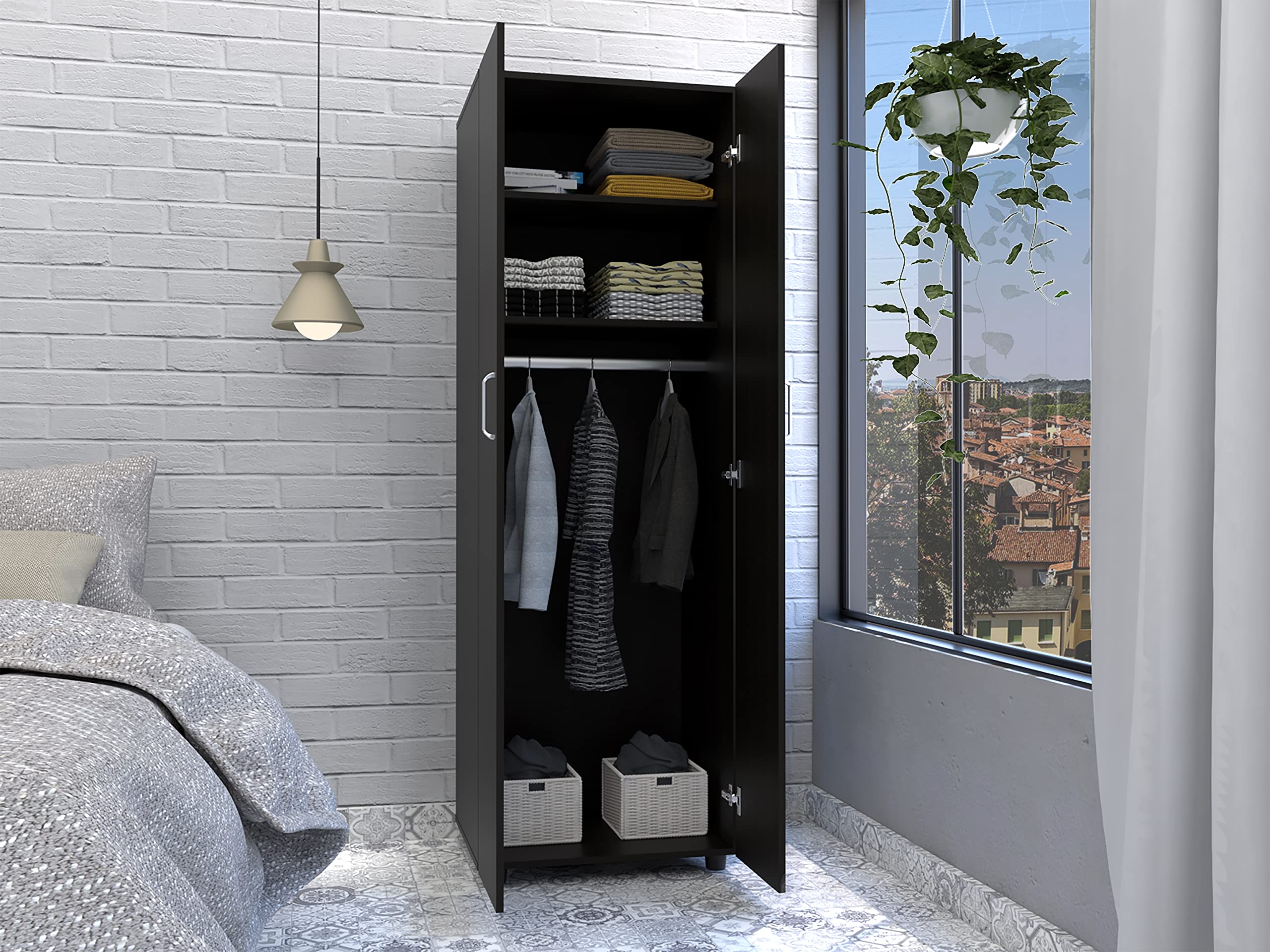 DEPOT E-SHOP Armoire-Organiser 702&quot; H, 2 Shelves, Rod, Double Door Cabinet Armoire, Black