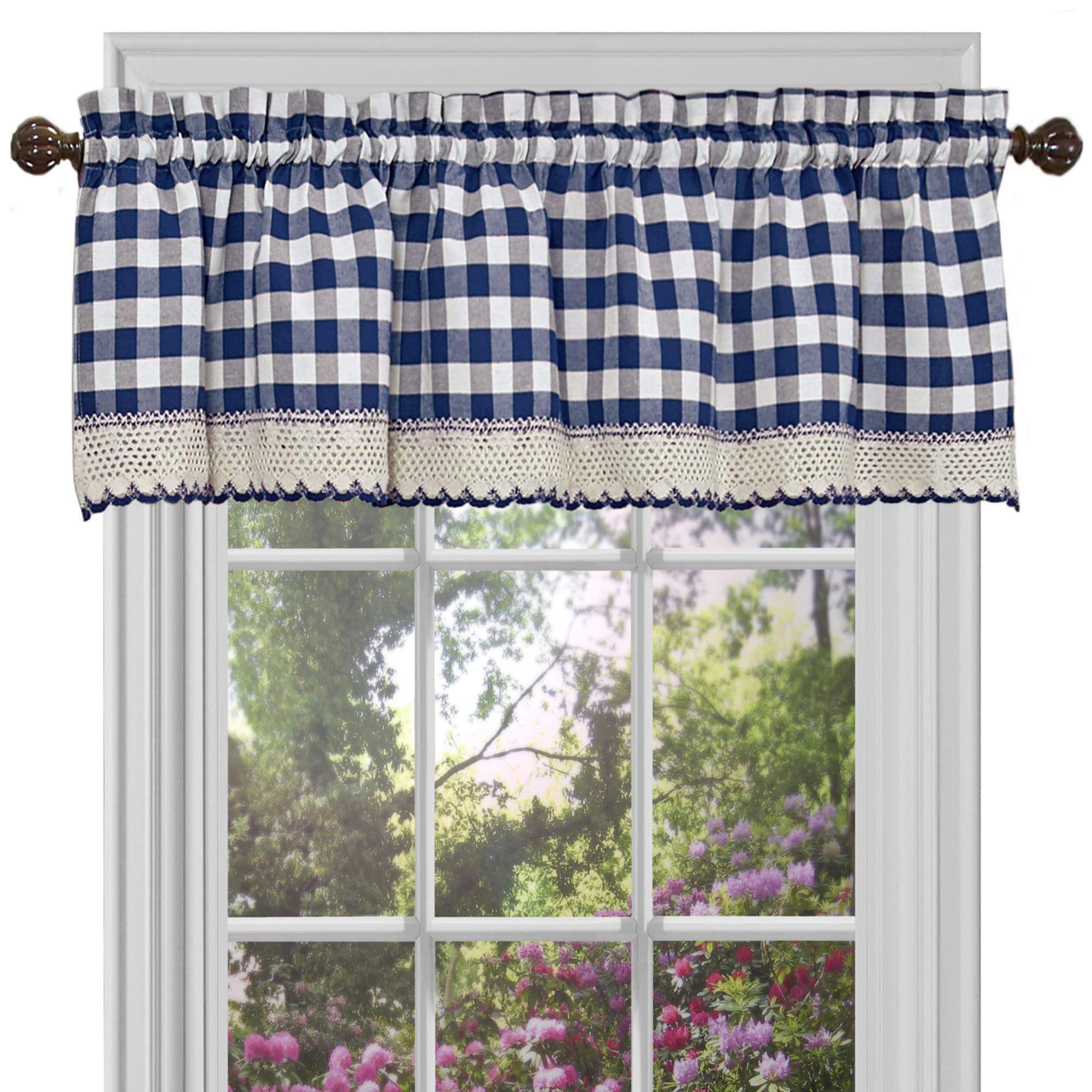 Buffalo Check Valance Window Curtains - 58 Inch Width, 14 Inch Length - Navy Blue & Ivory White Plaid - Light Filtering Farmhous