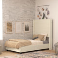 Flash Furniture Quinn Upholstered Platform Bed - Beige Channel Stitched Wingback Headboard - Twin - Mattress Foundation With Slatted Supports - No Box Spring Needed