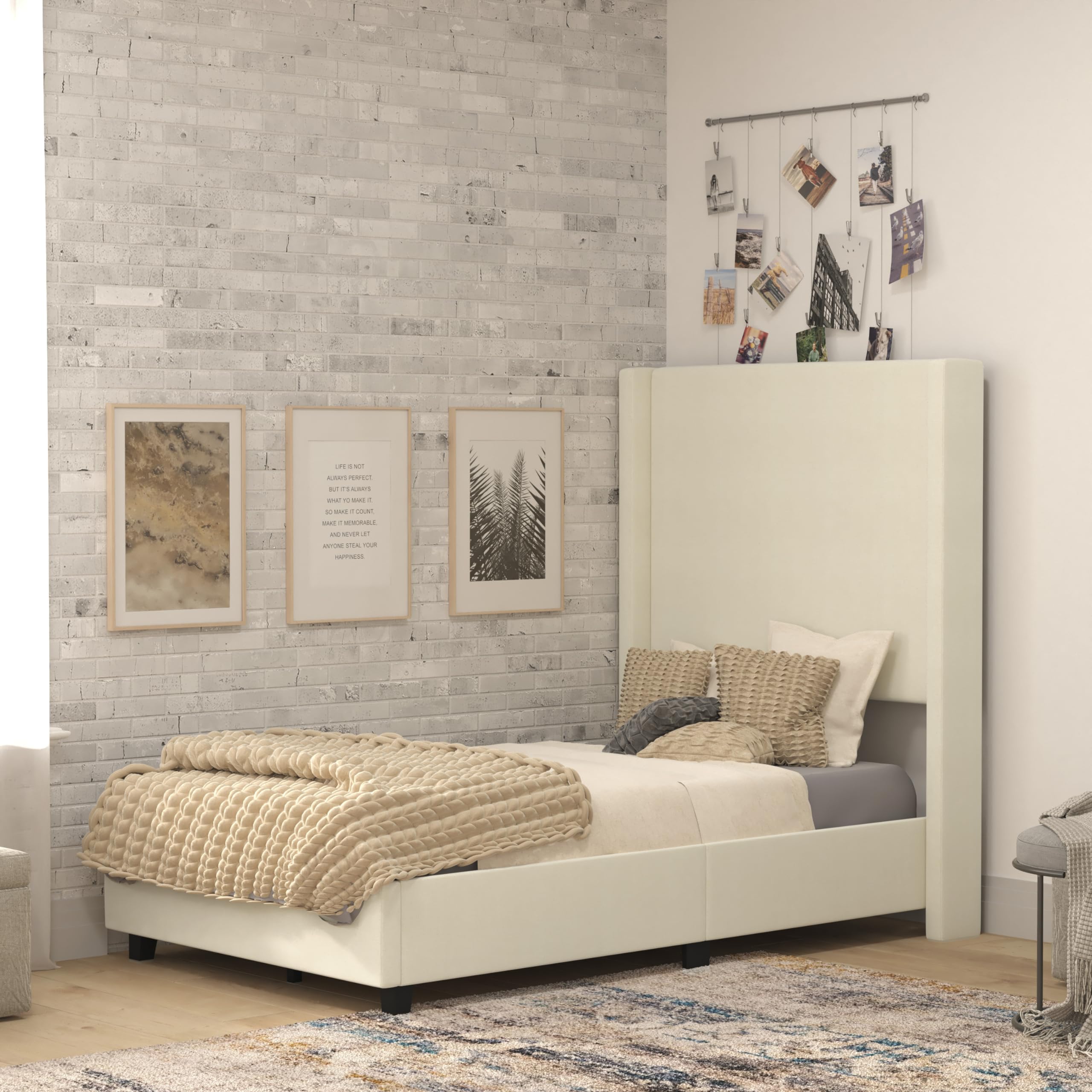 Flash Furniture Quinn Upholstered Platform Bed - Beige Channel Stitched Wingback Headboard - Twin - Mattress Foundation With Slatted Supports - No Box Spring Needed