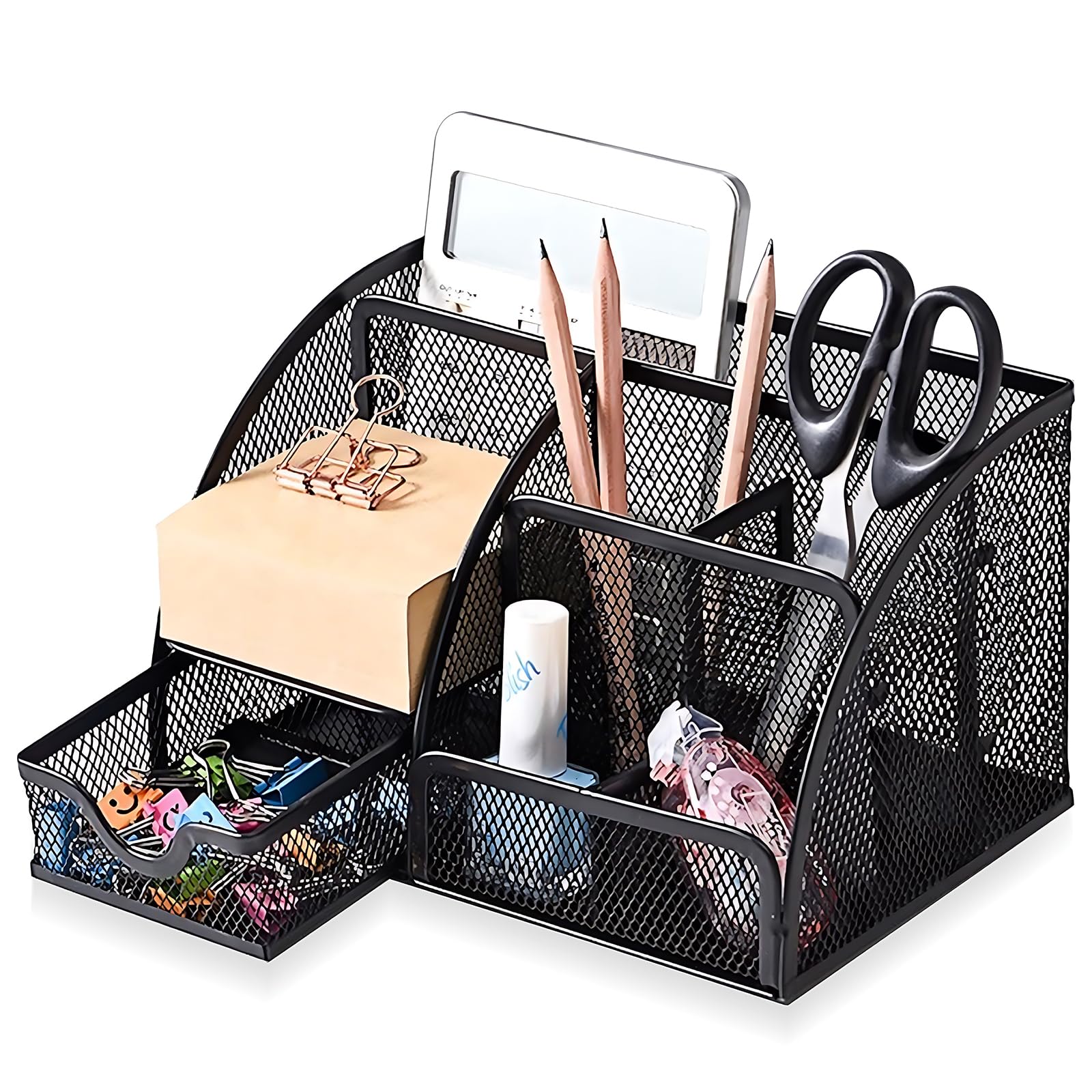 Mesh Desk Organizer, Desktop Organizer With Drawer, Office Supplies Multi-Functional Caddy, Metal Stationary Black Desk Caddy, W