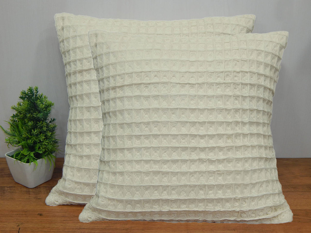 Home Colors.In Cotton Large Waffle Weave Cushion Cover Set Of 2  Decorative Hand Woven Throw Pillow Case  20 X 20 Inch  Natur