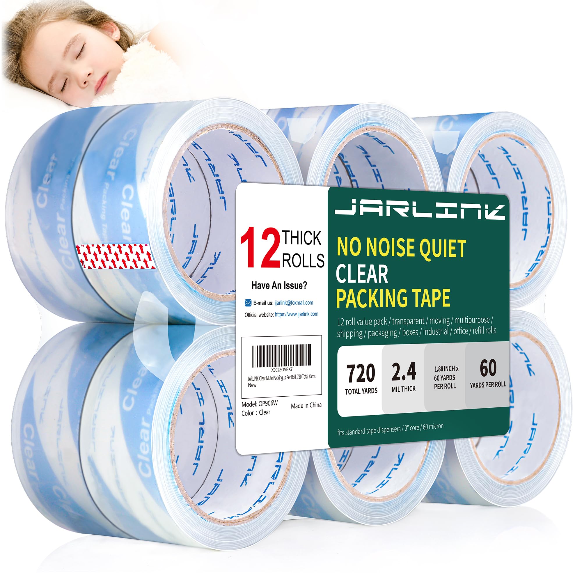 Jarlink No Noise Clear Quiet Packing Tape (12 Rolls), Heavy Duty Packaging Tape For Shipping Packaging Moving Sealing, 2.4Mil Th