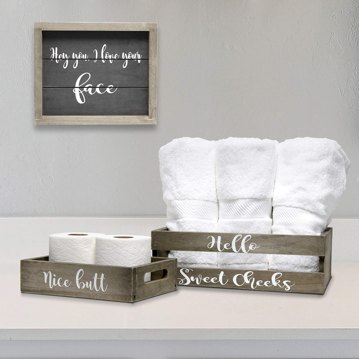 Elegant Designs Hg3100-Rgc Three Piece Decorative Wood Bathroom Set Rustic Gray Black White Saying Towel And Toilet Paper Storage Crate And Holder, Quote Frame, Cheeky/Small