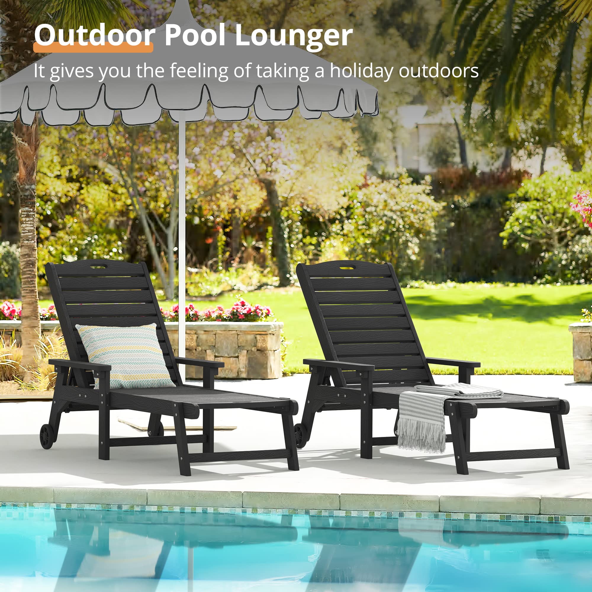 LUE BONA Oversized HDPS Chaise Lounge Chair with Table, 5-Position Adjustable, Black