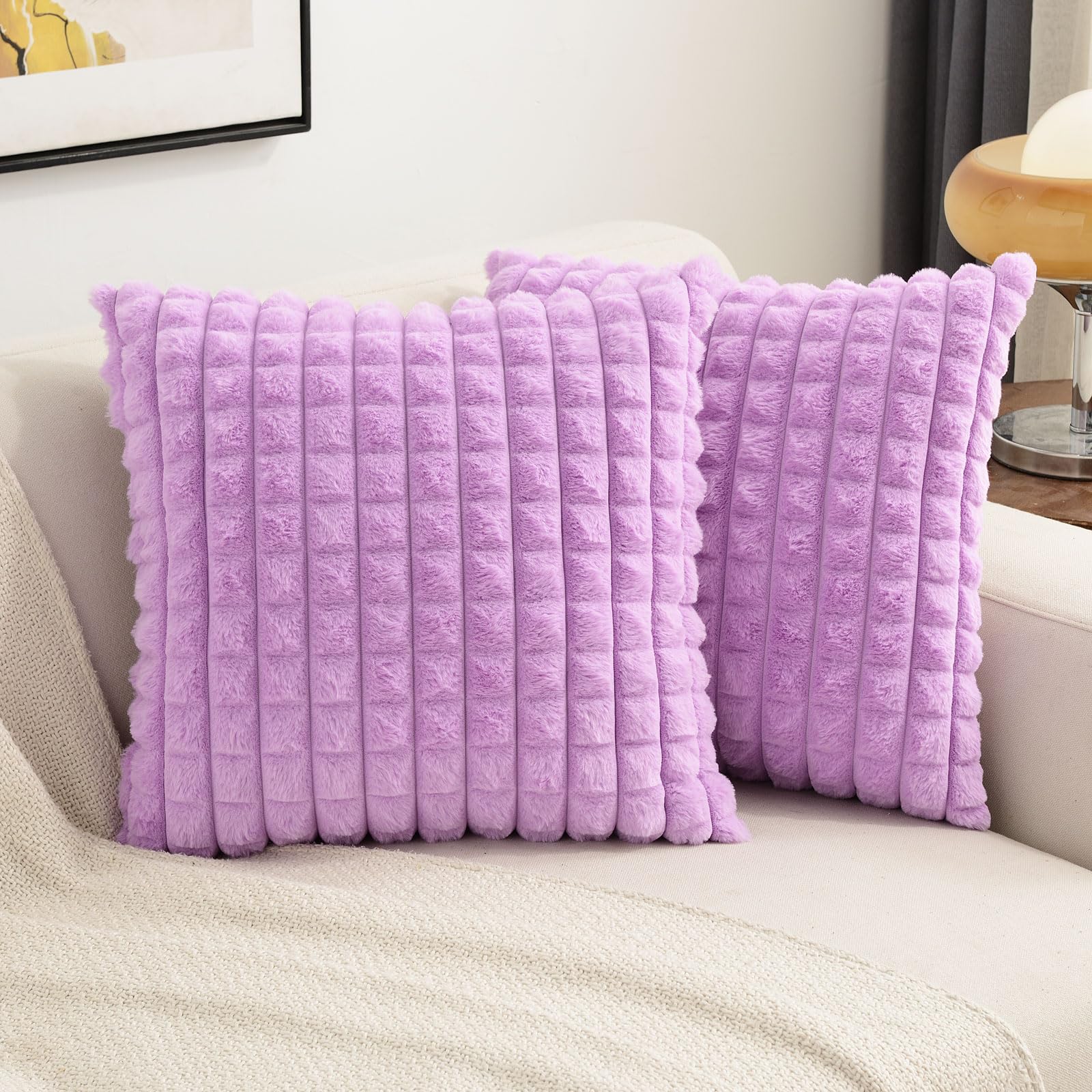 Futei Purple Decorative Throw Pillow Covers 22X22 Inch Set Of 2,Square Cushion Case,Fluffy Faux Rabbit Fur Plaid & Soft Velvet B