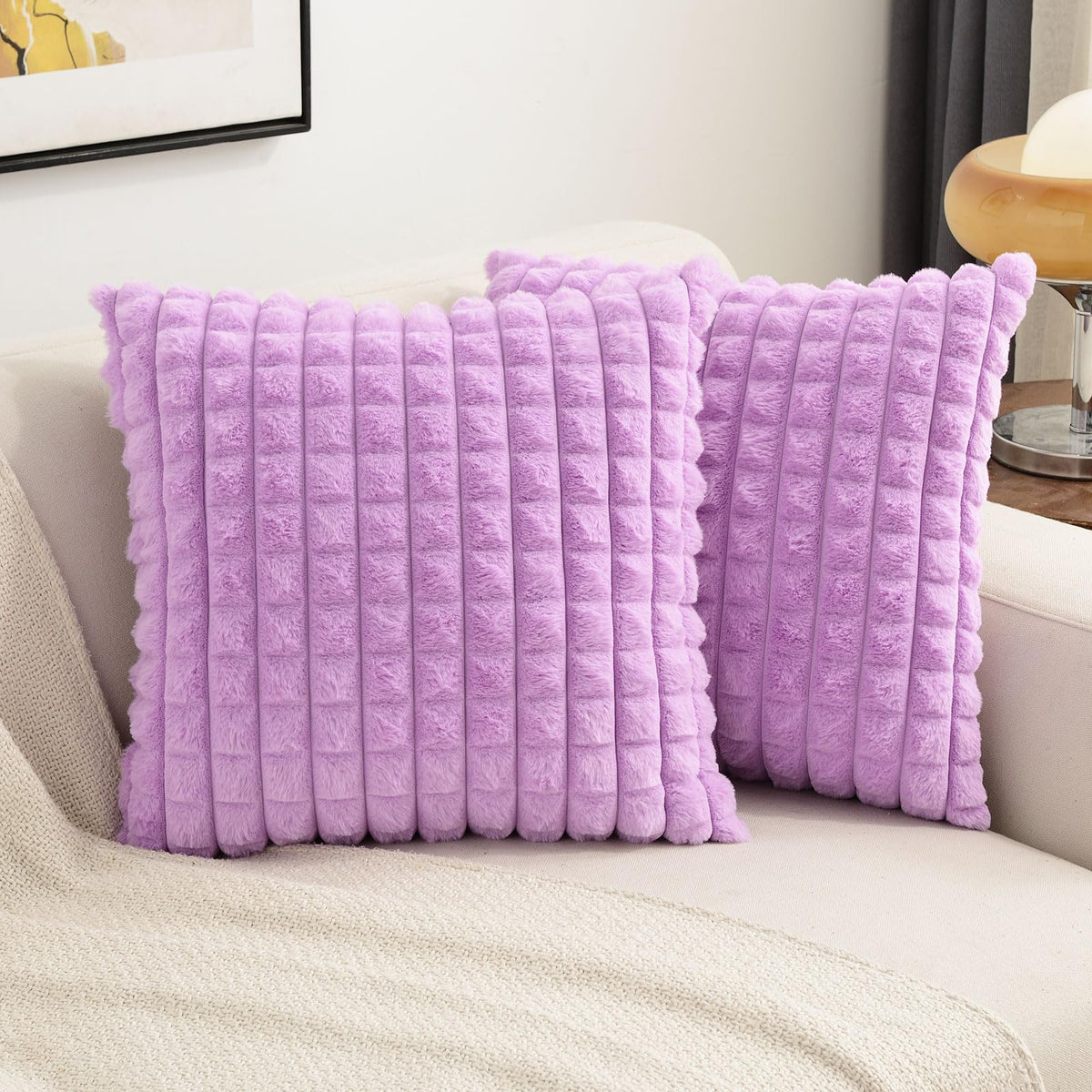 Futei Purple Decorative Throw Pillow Covers 24X24 Inch Set Of 2,Square Euro Cushion Case,Soft Fluffy Faux Rabbit Fur Plaid/Cozy