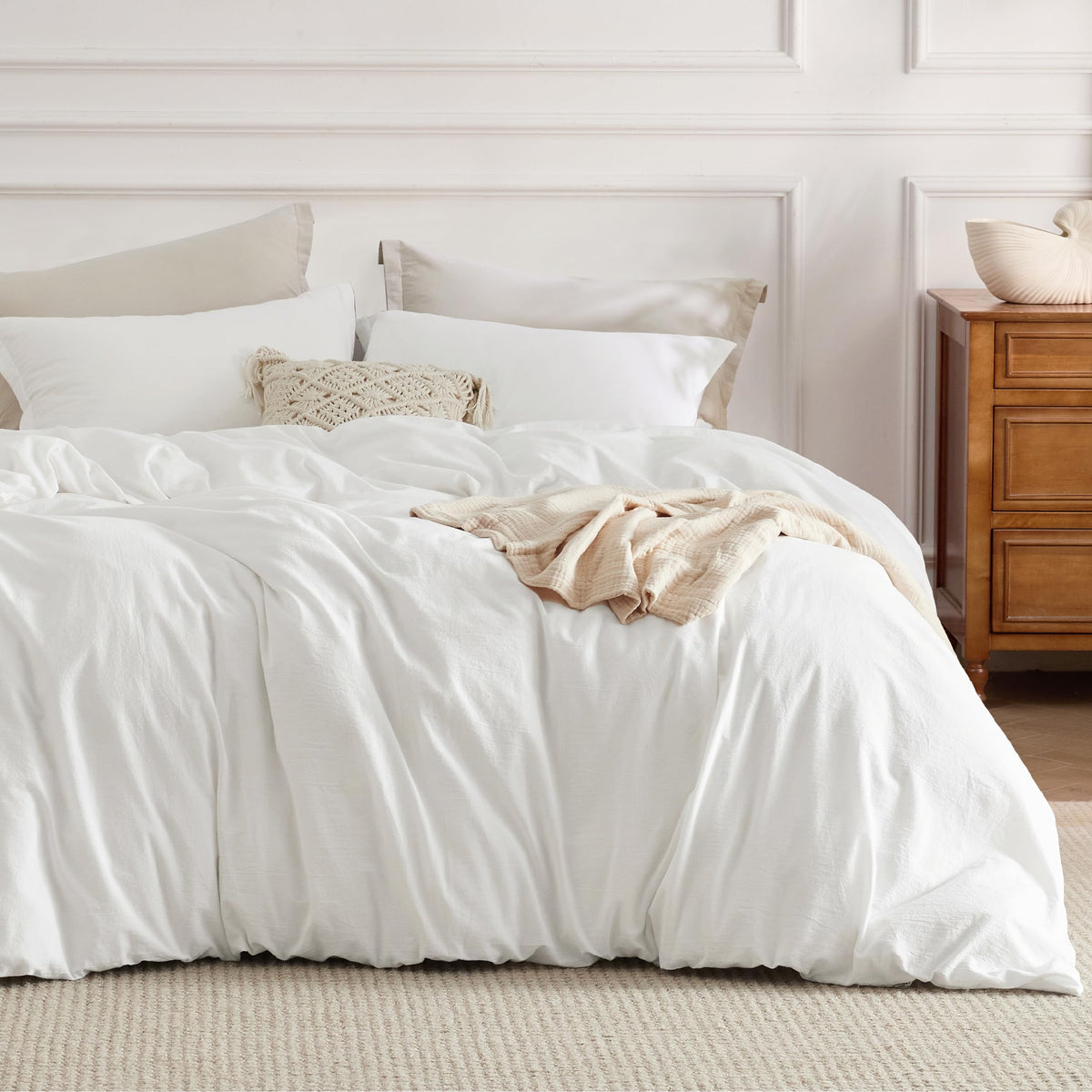 Bedsure 100% Stone Washed Cotton Duvet Cover Queen - White Minimalist Cotton Duvet Cover Linen Like - 3 Pieces Plain Simple Duve