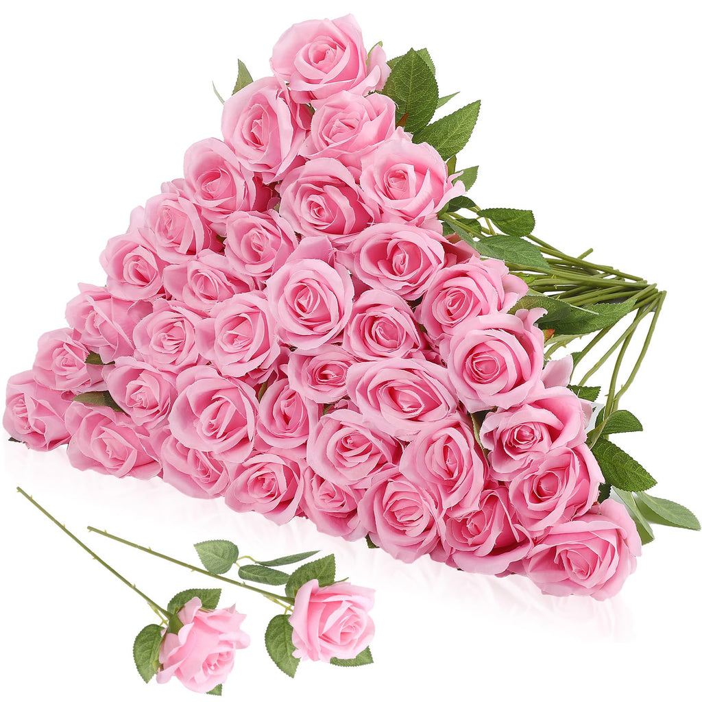 Hoemwarm 36 Pcs Silk Pink Roses Bouquet Bridal Artificial Flowers Mothers Day,Fake Rose Long Stem Realistic Artificial Flowers B