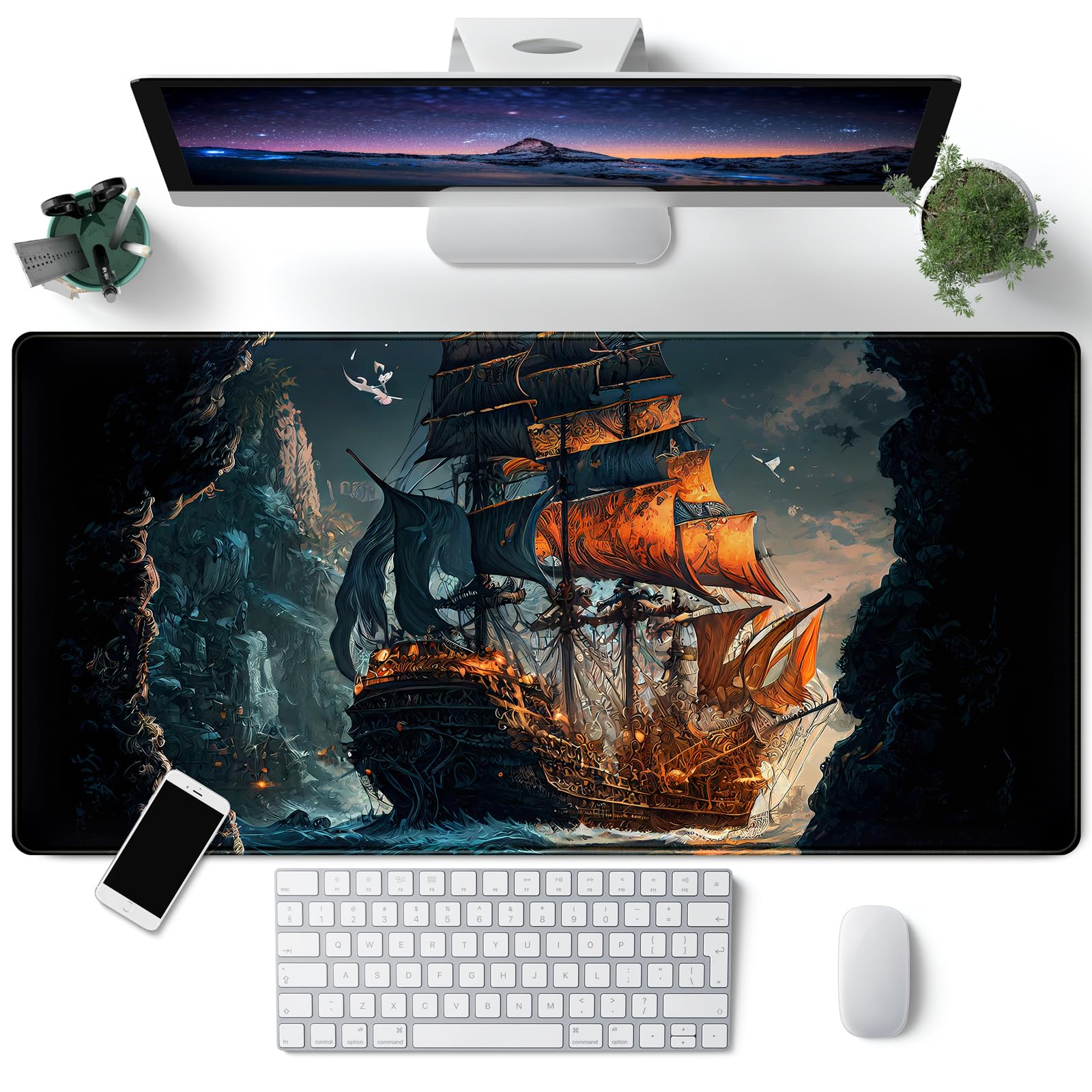 Pirate Ship Desk Mat Black Desk Pad Large Gaming Mouse Pad Xxl Pirate Ship Extended Mousepad Big 31.5 X 15.7 In Laptop Computer