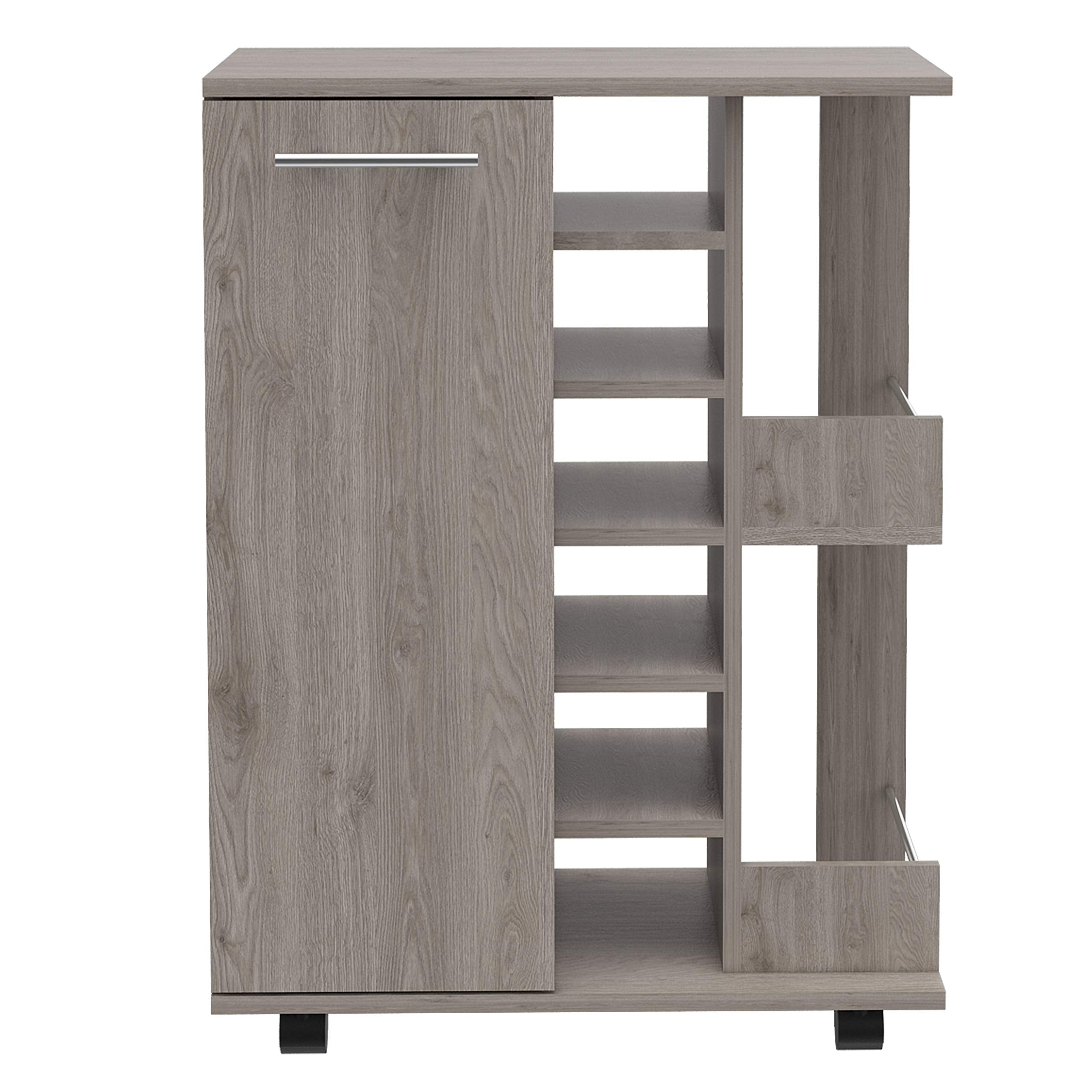 DEPOT E-SHOP Magda Bar Cart with Four Casters, Six Built-in Wine Rack, Single Door Cabinet, and Two External Shelves, 32.32&quot; H, Light Gray, Living Room