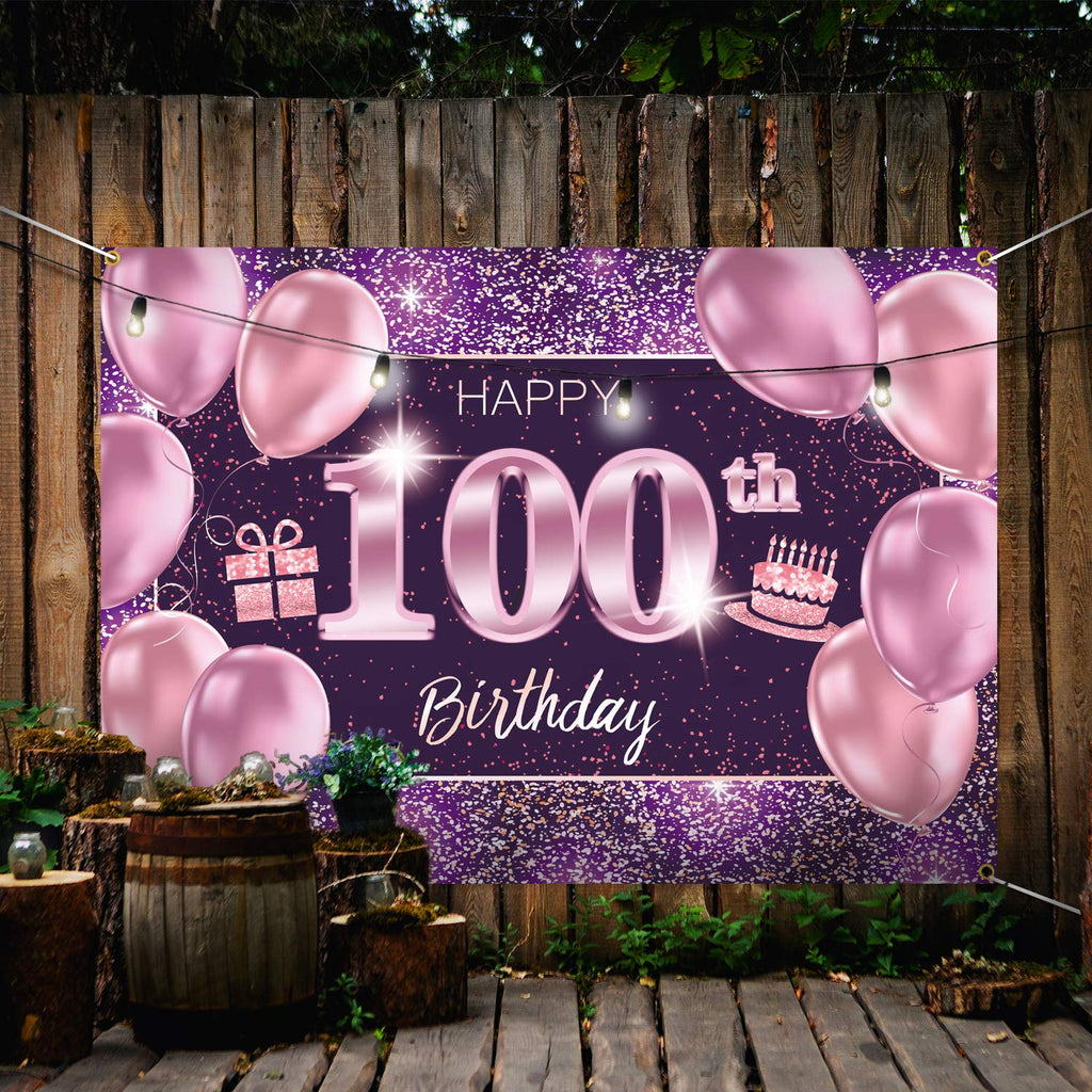 PAKBOOM 100th Birthday Backdrop Banner - Pink Purple Gold Polyester 4 x 6ft
