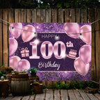 PAKBOOM 100th Birthday Backdrop Banner - Pink Purple Gold Polyester 4 x 6ft