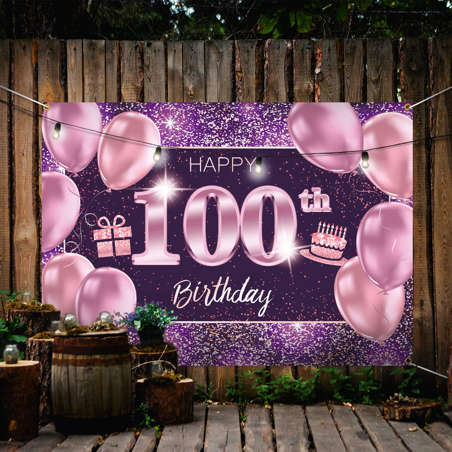 PAKBOOM 100th Birthday Backdrop Banner - Pink Purple Gold Polyester 4 x 6ft