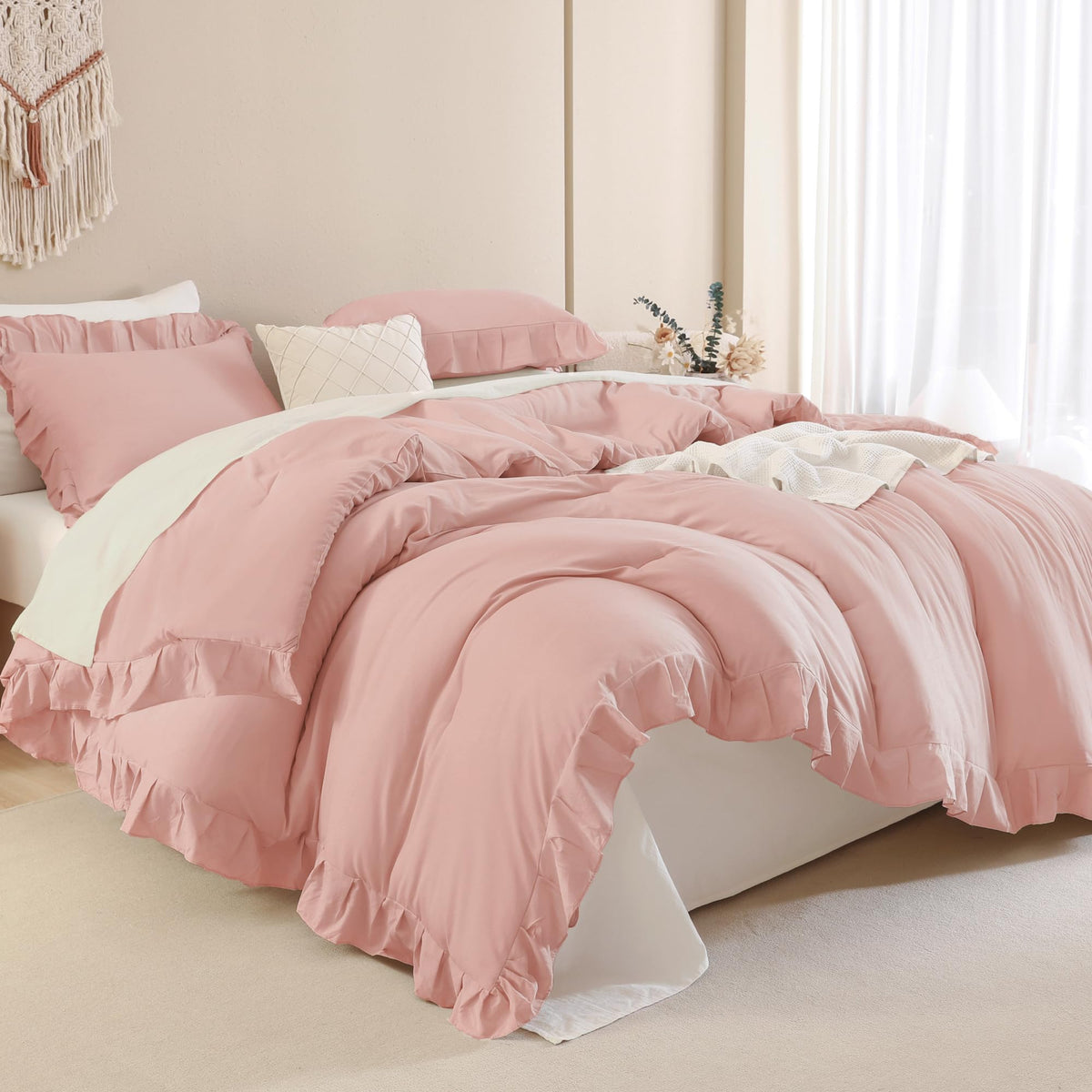 Andency Blush Pink California King Comforter Set, 3 Pieces Oversized Farmhouse Shabby Chic Bed Ruffle Comforter, Cal King Lightw