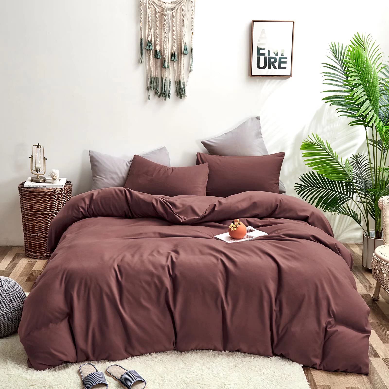 Houseri Brick Red Comforter Set California King Brick Color Bedding Women Plum Purple Cal King Comforter Solid Color Dark Fuchsi