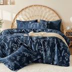 MUXHOMO Navy Blue Bed in a Bag Queen 7 Pieces, Queen Comforter Set Reversible Botanical Flowers Design, Ultra Soft & Breathable 