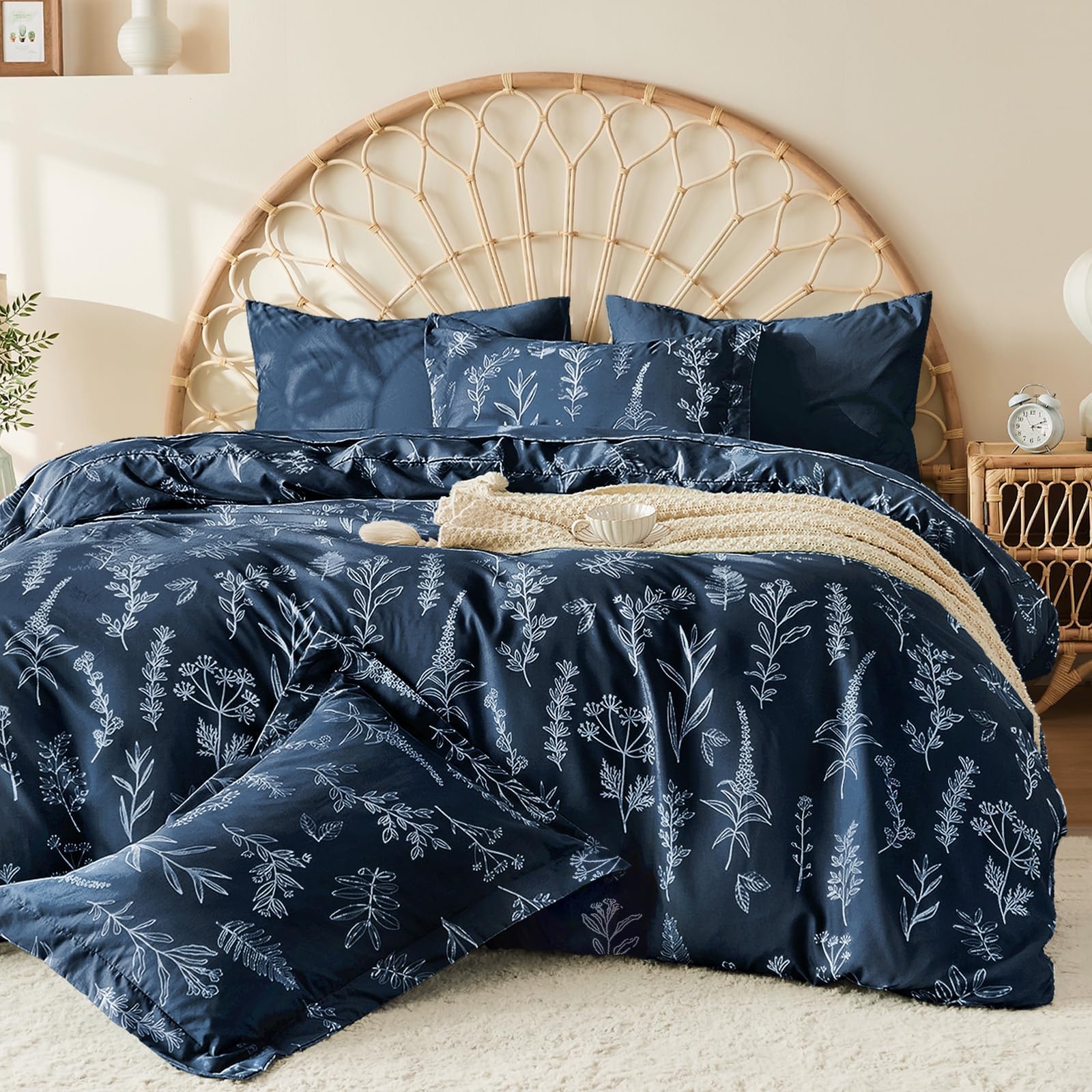 MUXHOMO Navy Blue Bed in a Bag Queen 7 Pieces, Queen Comforter Set Reversible Botanical Flowers Design, Ultra Soft & Breathable 