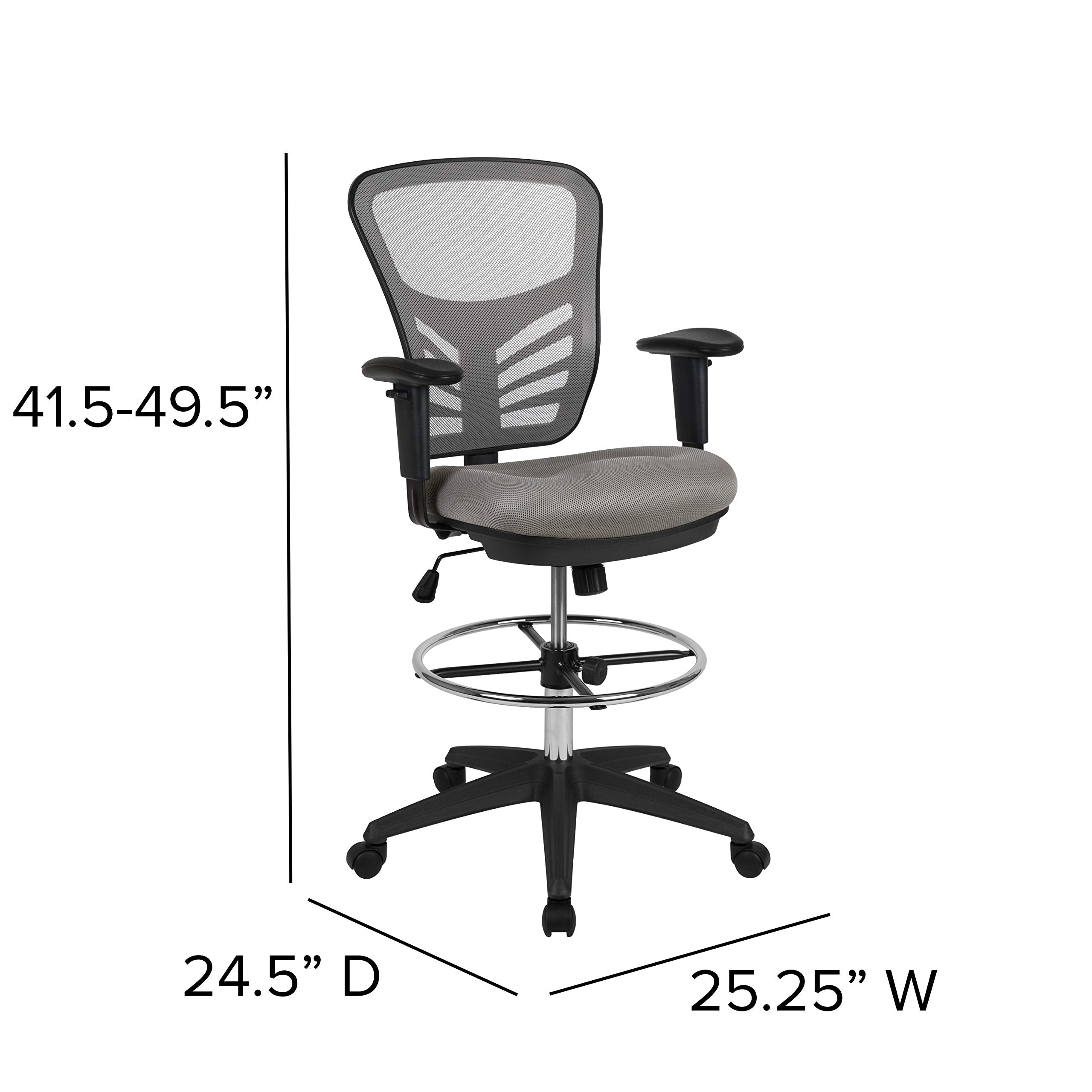 Flash Furniture Tyler Mid-Back Light Gray Mesh Ergonomic Drafting Chair With Adjustable Chrome Foot Ring, Adjustable Arms And Black Frame