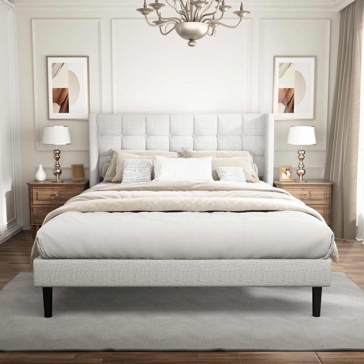 CXVX Full Size Platform Bed Frame with Upholstered Headboard and Wingback, Mattress Foundation with Wooden Slat Support, No Box 