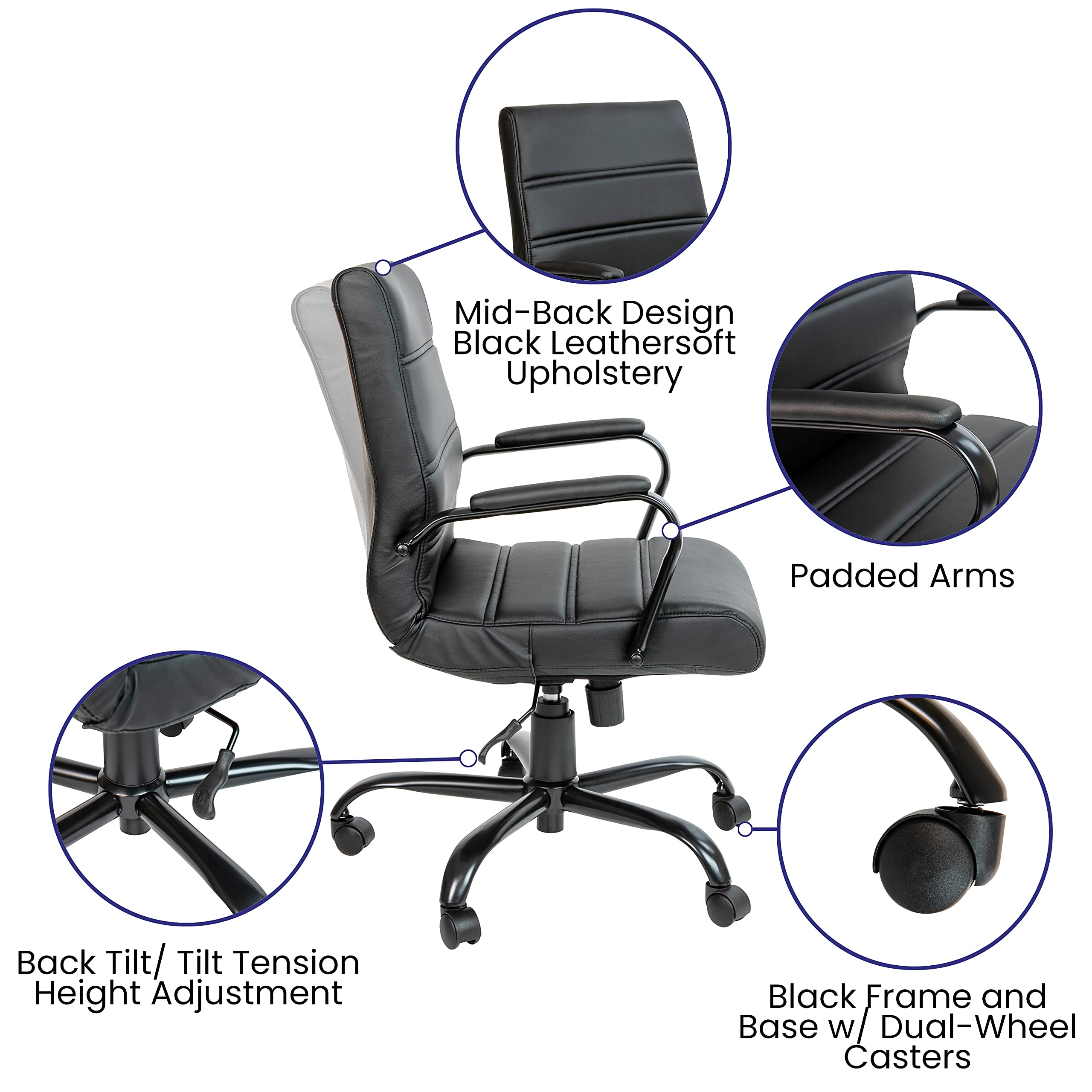 Flash Furniture Whitney Mid-Back Swivel LeatherSoft Desk Chair with Padded Seat and Armrests, Adjustable Height Padded Office Chair, Black