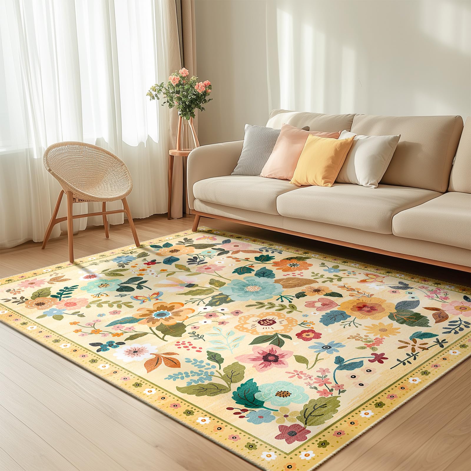 RELEANY Washable Area Rug, Runner Rug, Round Rug, Non Slip Boho Floral Vintage 3x5 Area Rugs for Living Room, Entryway, Kitchen 