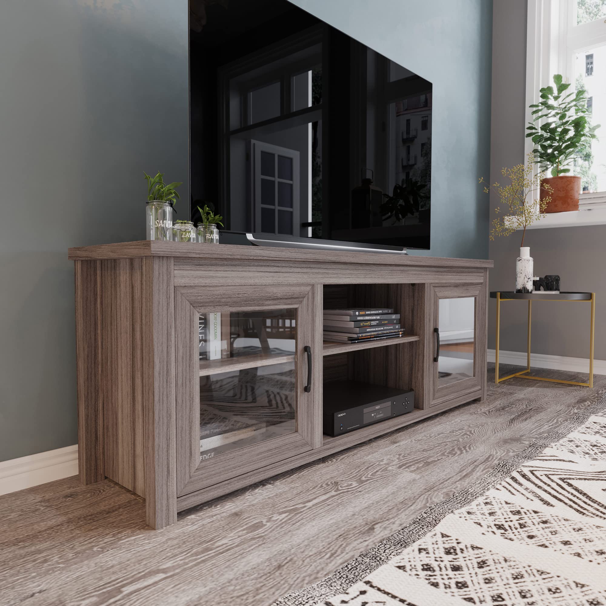 Flash Furniture Sheffield TV Stand for up to 80&quot; TVs - Modern Gray Wash Finish & Full Glass Doors - 65&quot; Engineered Wood Frame - 3 Height Adjustable Shelves