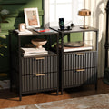 VINGLI Black Nightstands Set of 2 with Fabric Drawers, Fluted Nightstands with Charging Station, Night Stand Set of 2, Small Bed