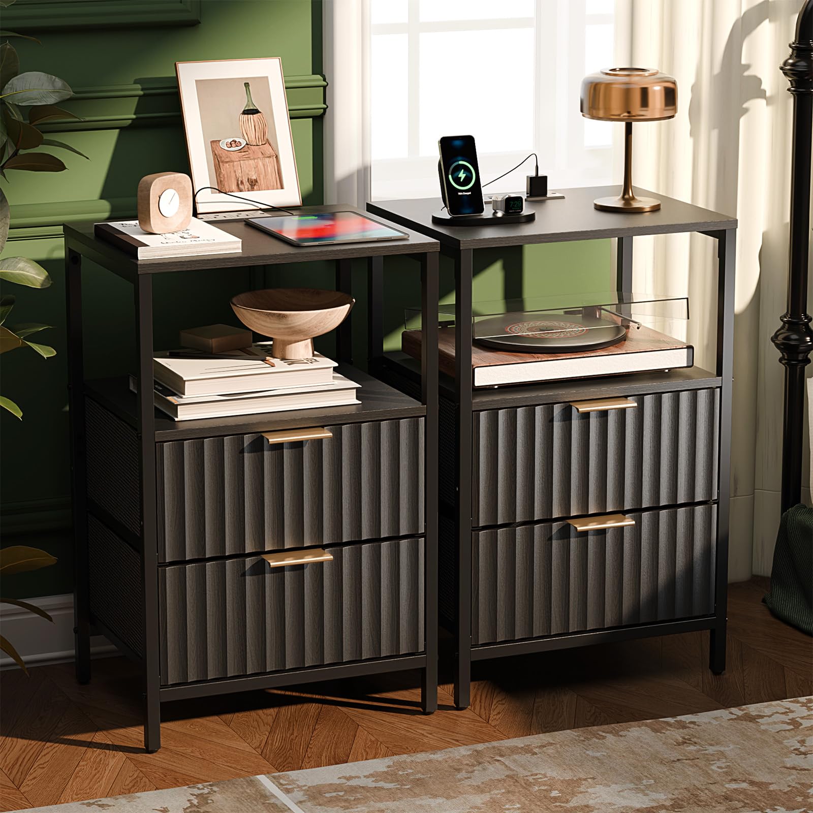 VINGLI Black Nightstands Set of 2 with Fabric Drawers, Fluted Nightstands with Charging Station, Night Stand Set of 2, Small Bed
