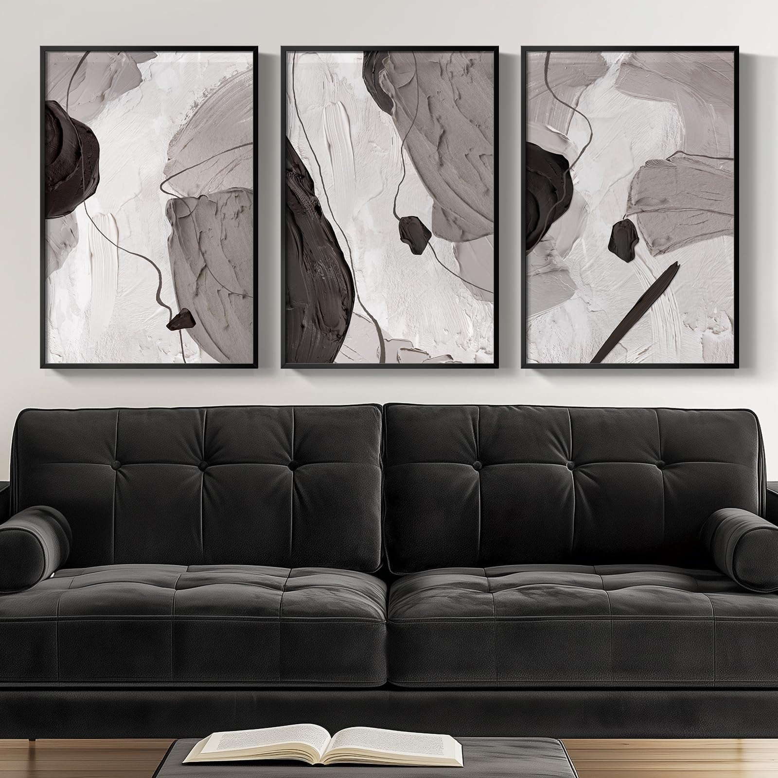 Framed Black and White Gray Modern Abstract Wall Art, Set of 3 Piece Canvas Paintings Artwork for Walls, Contemporary Minimalist