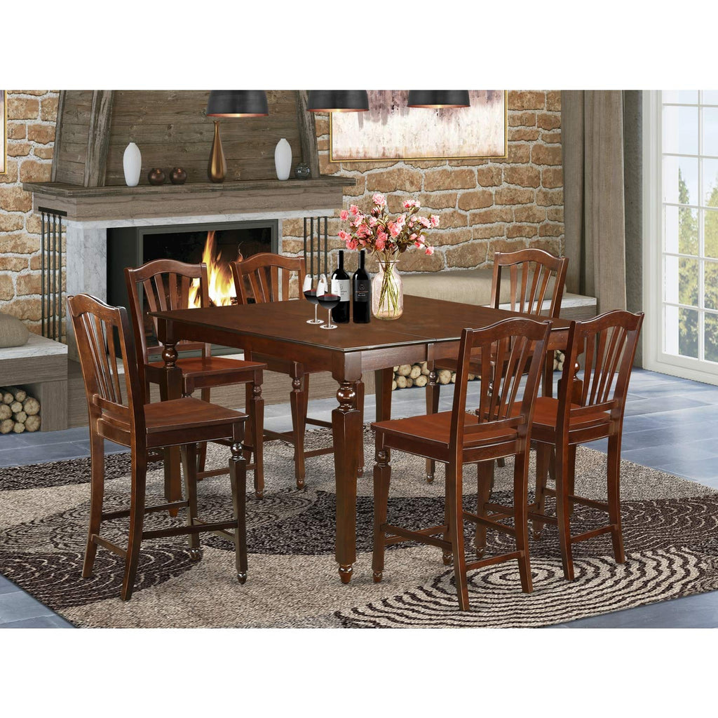 East West Furniture CHEL7-MAH-W Chelsea 7 Piece Counter Height Pub Set Consist of a Square Table with Butterfly Leaf and 6 Kitchen Dining Chairs, 54x54 Inch