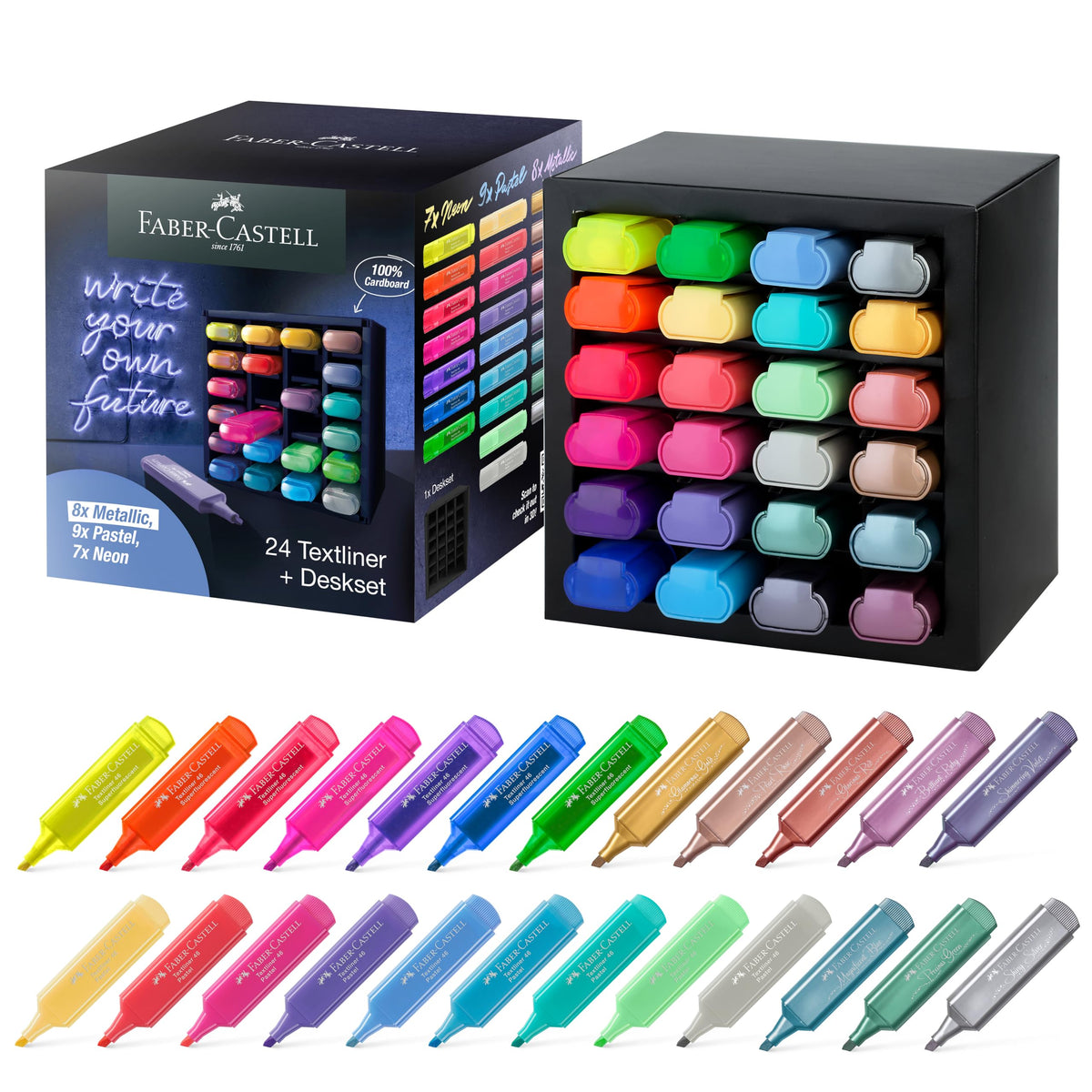 Faber-Castell Highlighter Desk Set - Assortment Of 24 Chisel Tip Markers, Metallic, Neon, And Pastel Set - Thin No Bleed Highlig