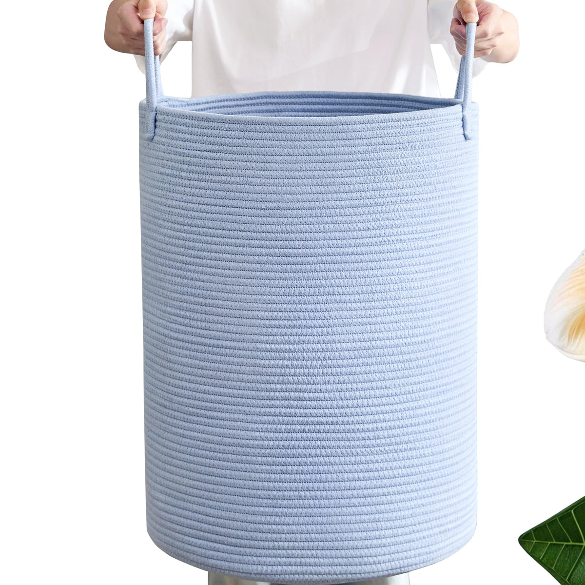 Threadsmith Large Laundry Basket Tall Woven Hamper For Girls Kids Baby Nursery, Cotton Rope Clothes Hamper For Bedroom, 16L X 1