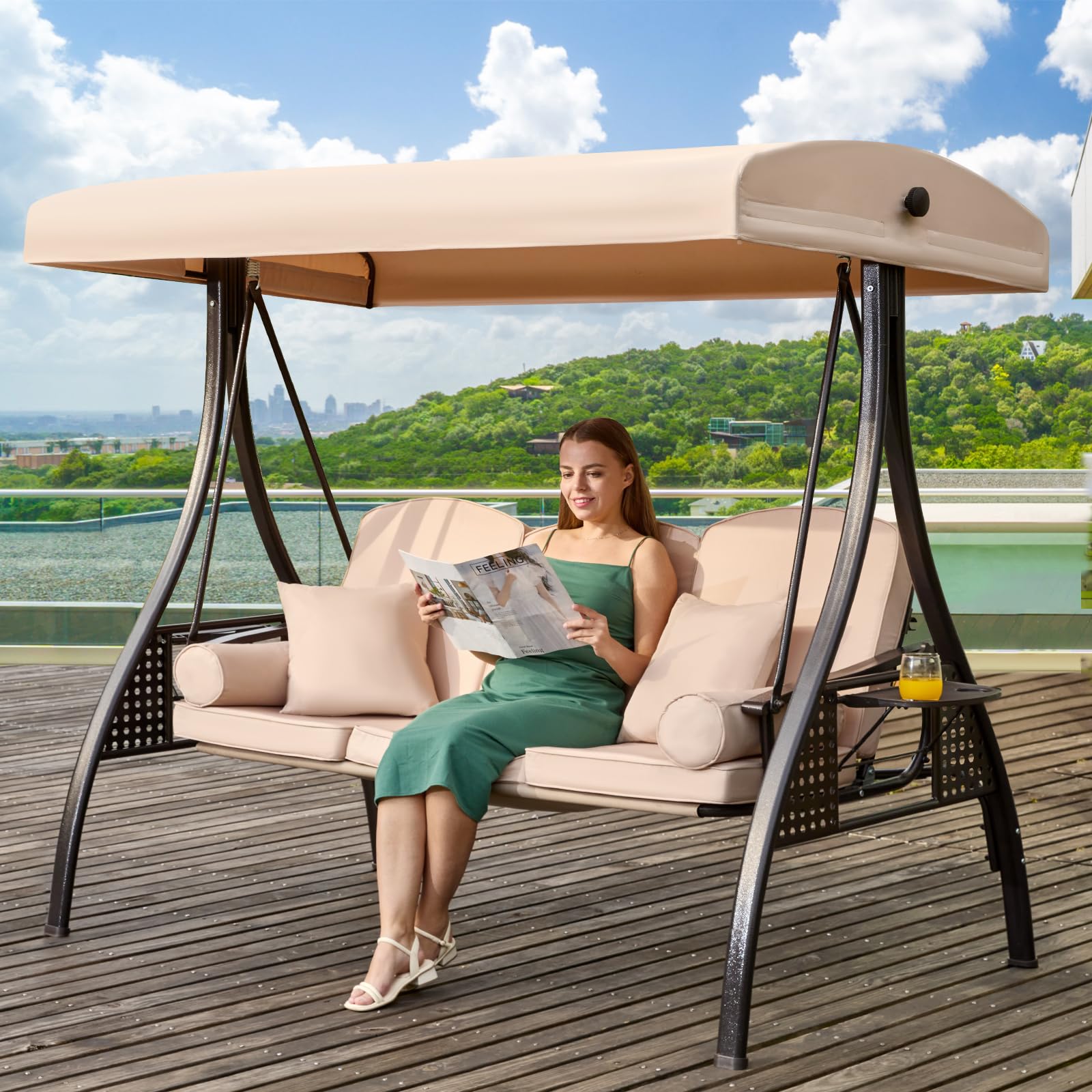 Yalissey 3 In 1 Outdoor Porch Swing With Adjustable Canopy, 3 Seat Outdoor Swing For Adults, Patio Swing Chair With Thickened Cu