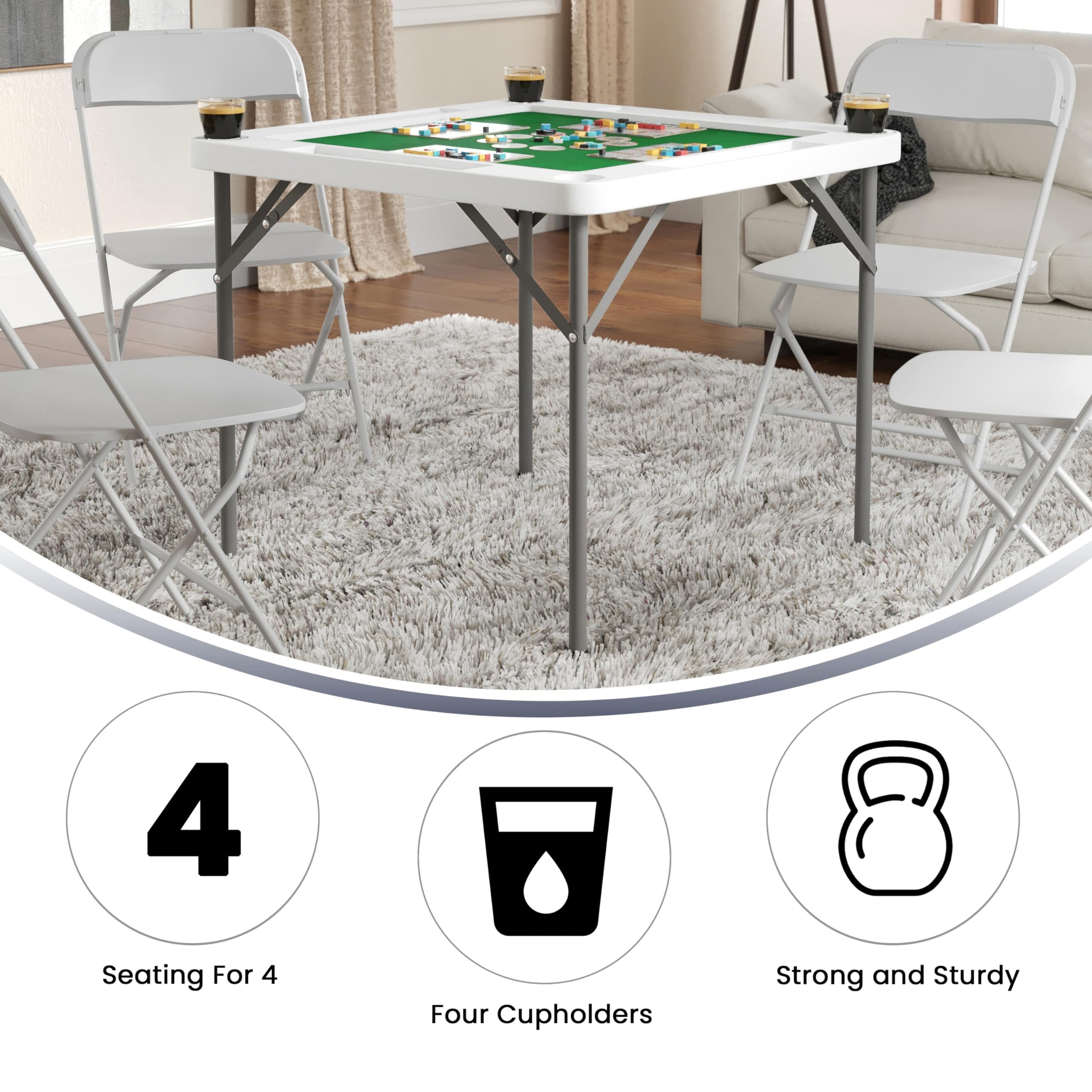 Flash Furniture Silas 34.5&quot; Square Folding Card Table with Felt Green Surface and Cup Holders, Portable Folding Game Table for 4 Players, White/Green